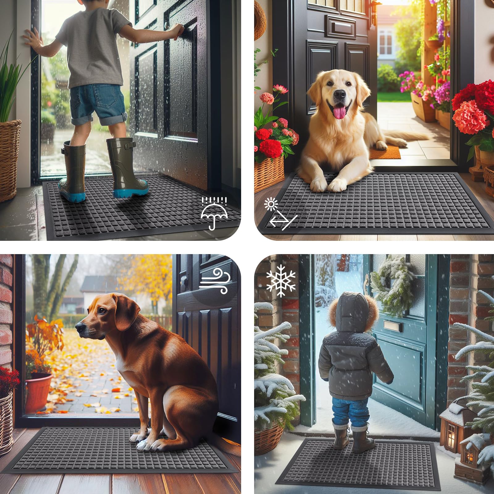 Smiry Front Door Mat Outside Entrance, Heavy Duty Natural Rubber Doormat, Non Slip, Trap Dirt and Moisture, Easy Clean, Low Profile Welcome Floor Mats for Indoor Outdoor Entry, 29.5x17 Inch, Black