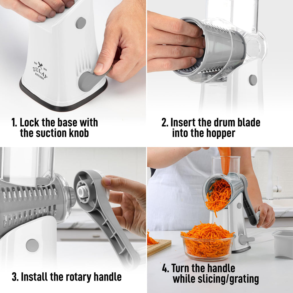 Zulay Kitchen Rotary Cheese Grater 5 Blade Cheese Shredder - Manual Hand Crank Cheese Grater With Reinforced Suction & 5 Interchangeable Drums - Easy to Use, Vegetable Chopper Round Mandoline Slicer
