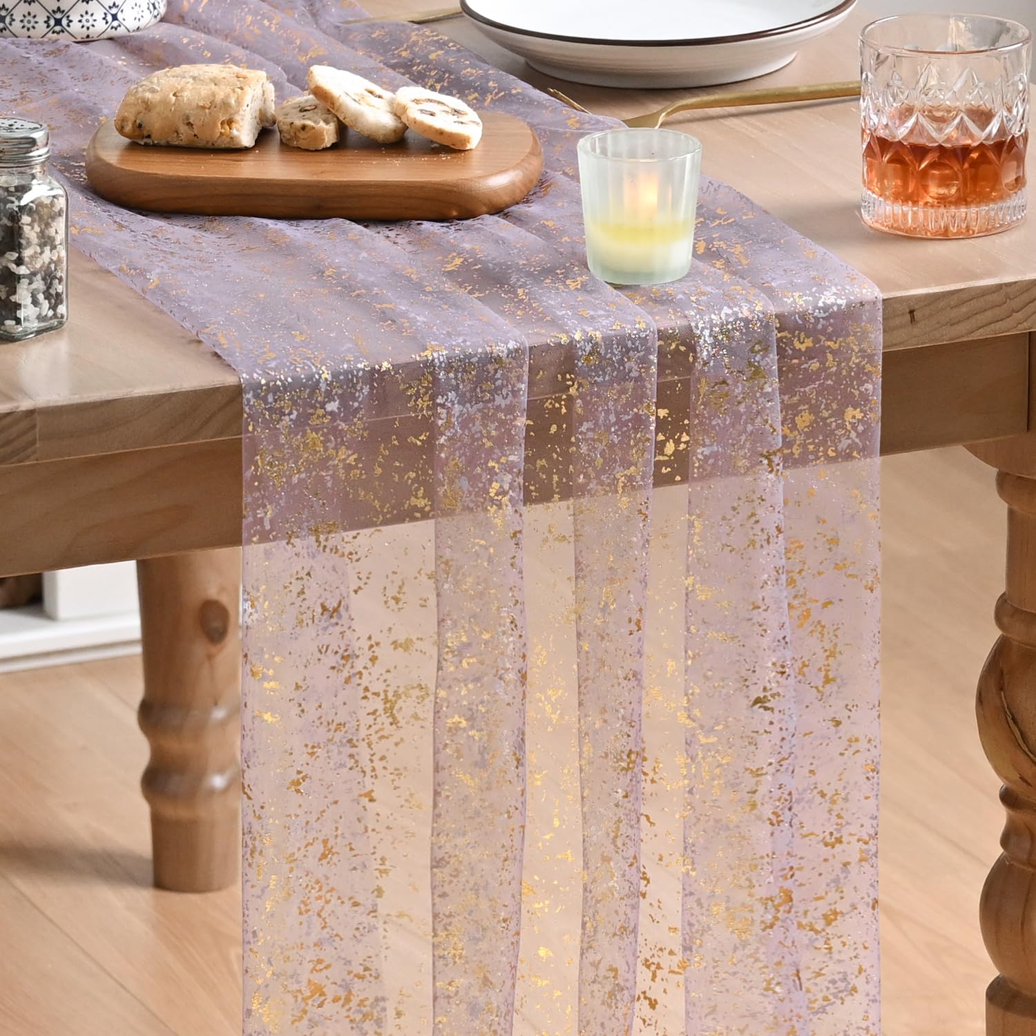 Artoid Mode Beige Gold Gauze Table Runner 120 Inch 10FT, Glitter Metallic Foil Sheer Dining Wedding Anniversary Holiday Birthday Table Decor for Home Party