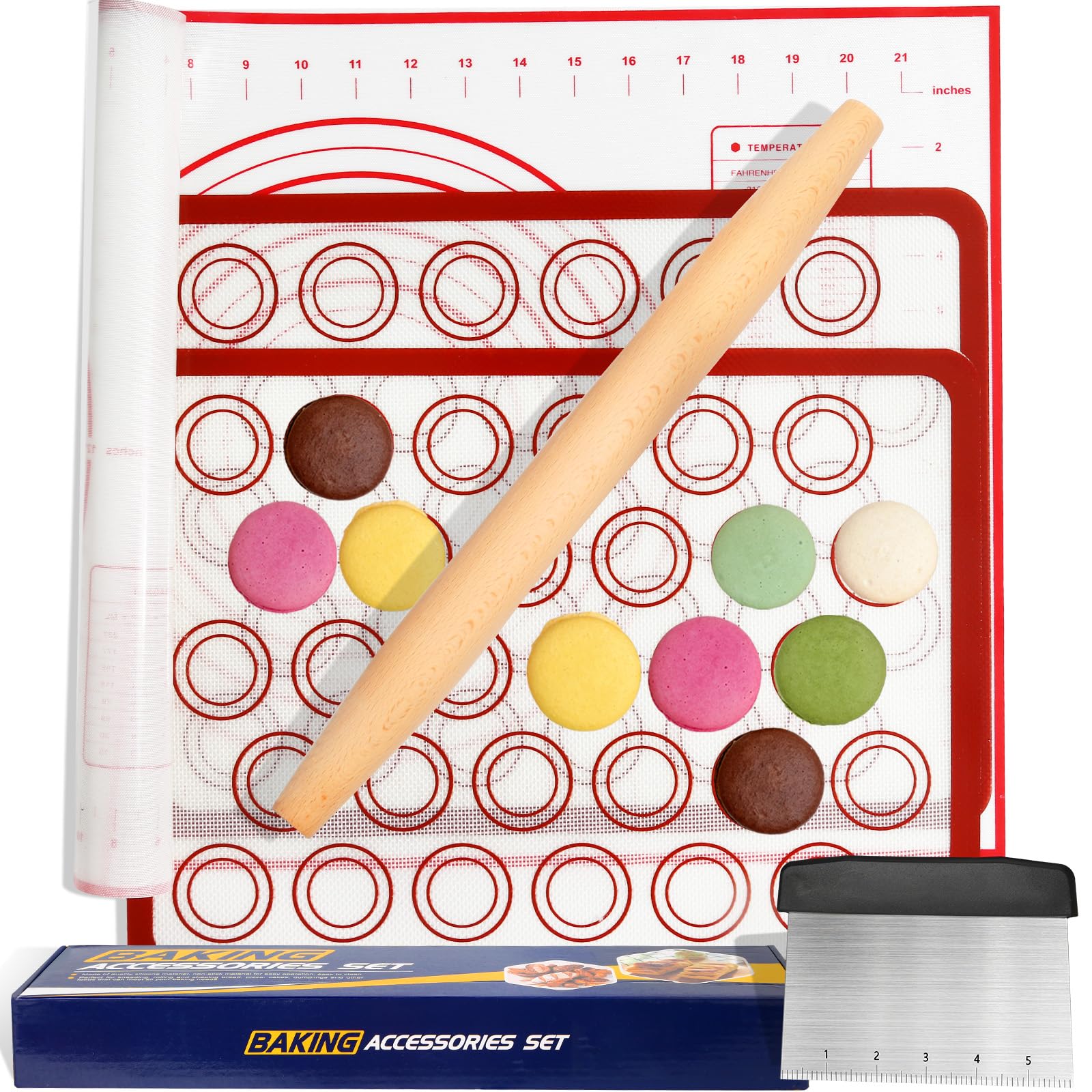 Silicone Baking Mat Sets, Dough Mat with Macaron Baking Mat Pastry Cutter Rolling Pin,Food Safe Pastry Mat, Reusable Cookie Sheets Liner