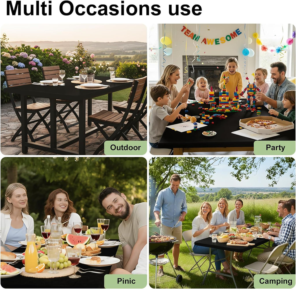 Smiry Rectangle Tablecloth, Elastic Fitted Flannel Backed Vinyl Tablecloths for 6ft Folding Tables, Waterproof Wipeable Table Covers for Indoor, Outdoor, Picnic and Camping (Black, 30"x72")