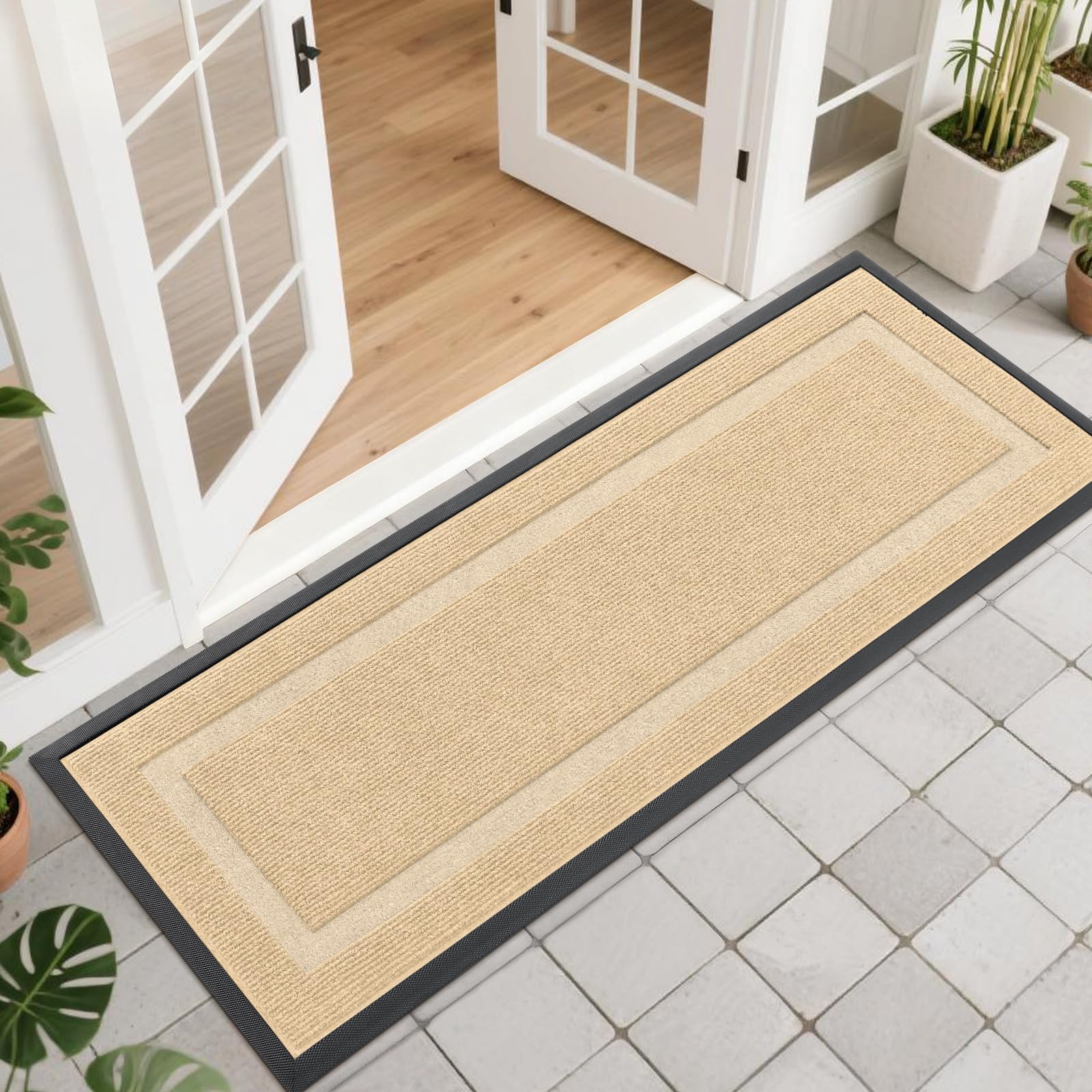 OLANLY Front Door Mat Indoor Outdoor Entrance, Waterproof All-Season, All-Weather Doormat, Sturdy Natural Rubber, Fade Resistant, Low Profile, Easy Clean Patio Porch Entryway Mat, 29.5x17, Black