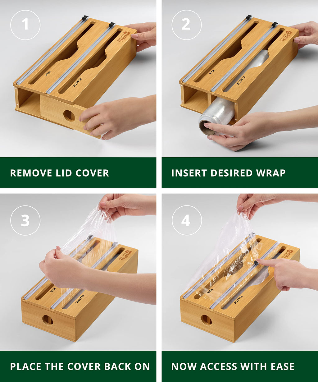ROYAL CRAFT WOOD Bamboo Kitchen Foil and Plastic Wrap Organizer for Drawer with Cutter 2-Slots