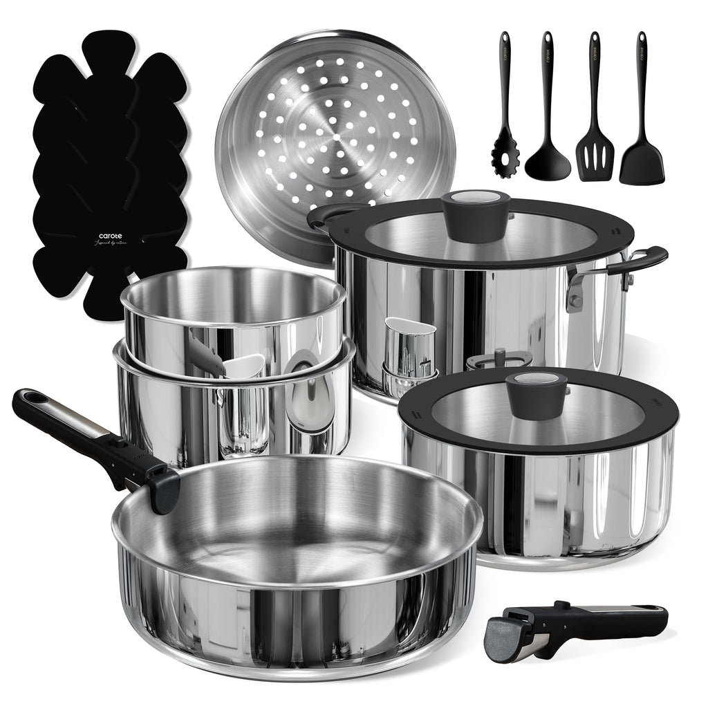 CAROTE Pots and Pans Set, Stainless Steel Cookware Set Detachable Handle, 15pcs Induction Kitchen Cookware Sets with Removable Handle, RV Cookware Set, Oven Safe