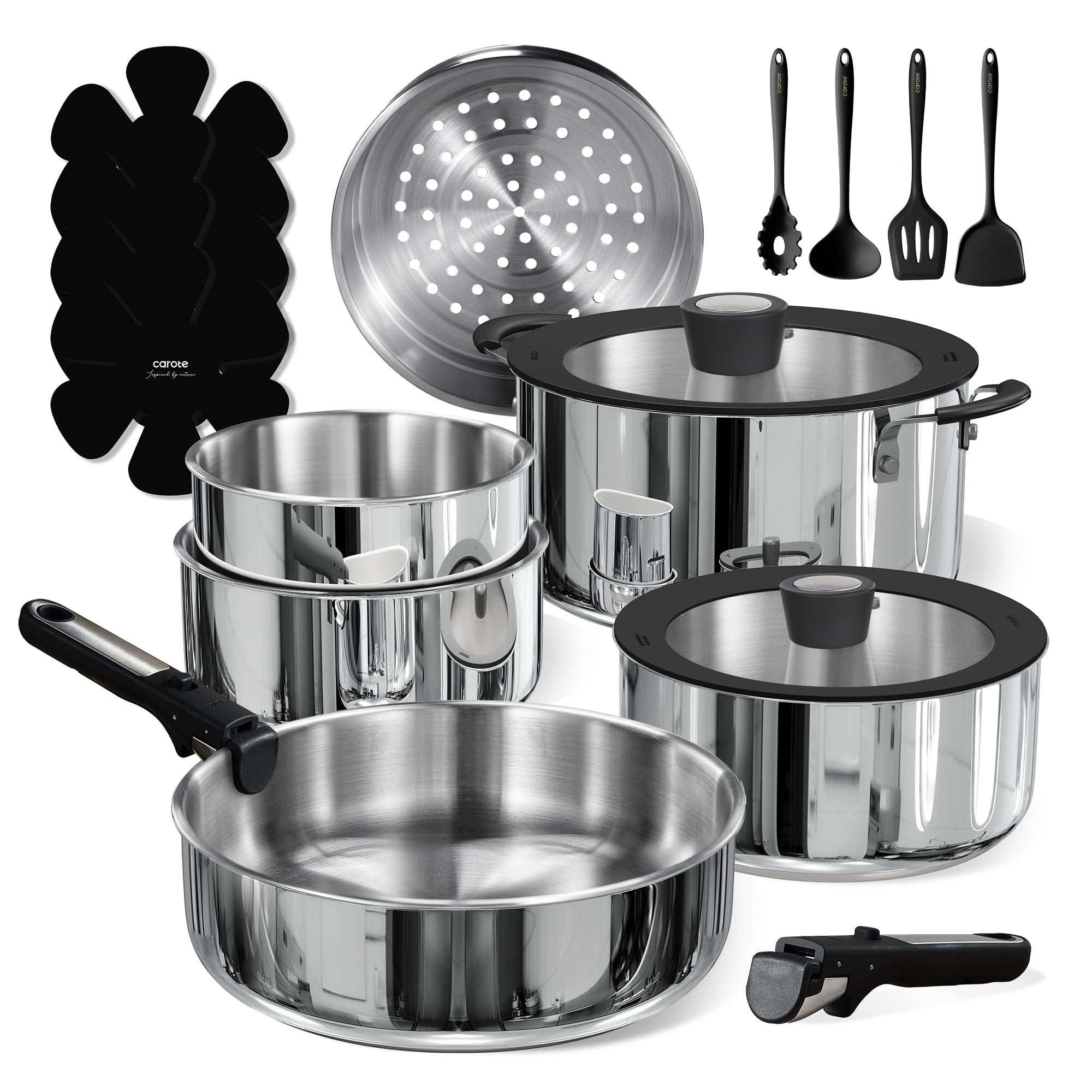 CAROTE Pots and Pans Set, Stainless Steel Cookware Set Detachable Handle, 15pcs Induction Kitchen Cookware Sets with Removable Handle, RV Cookware Set, Oven Safe