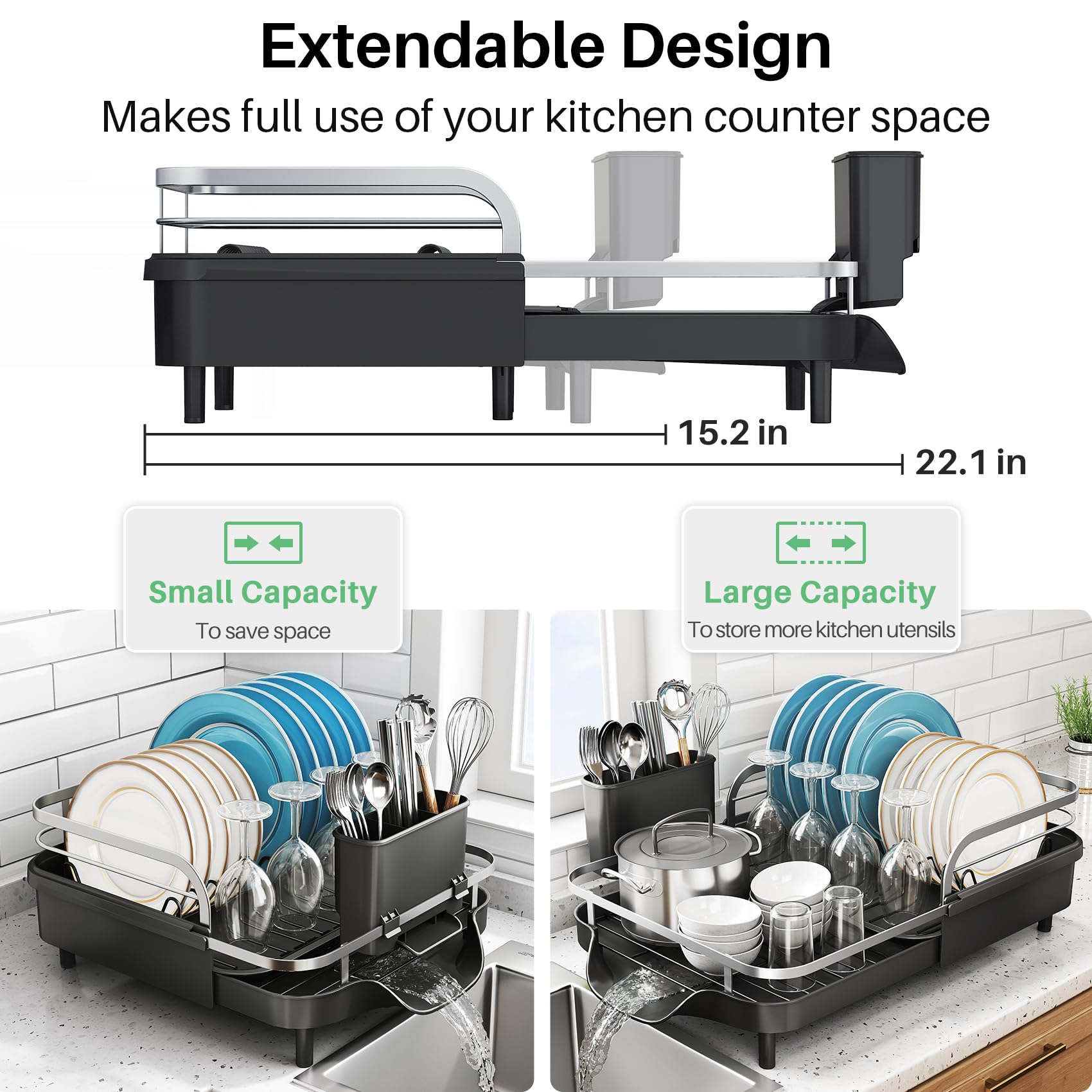 SNTD Dish Drying Rack, Expandable Dish Rack for Kitchen Counter, Stainless Steel Dish Drainer with Drainboard Set and Utensil Holder (Black)