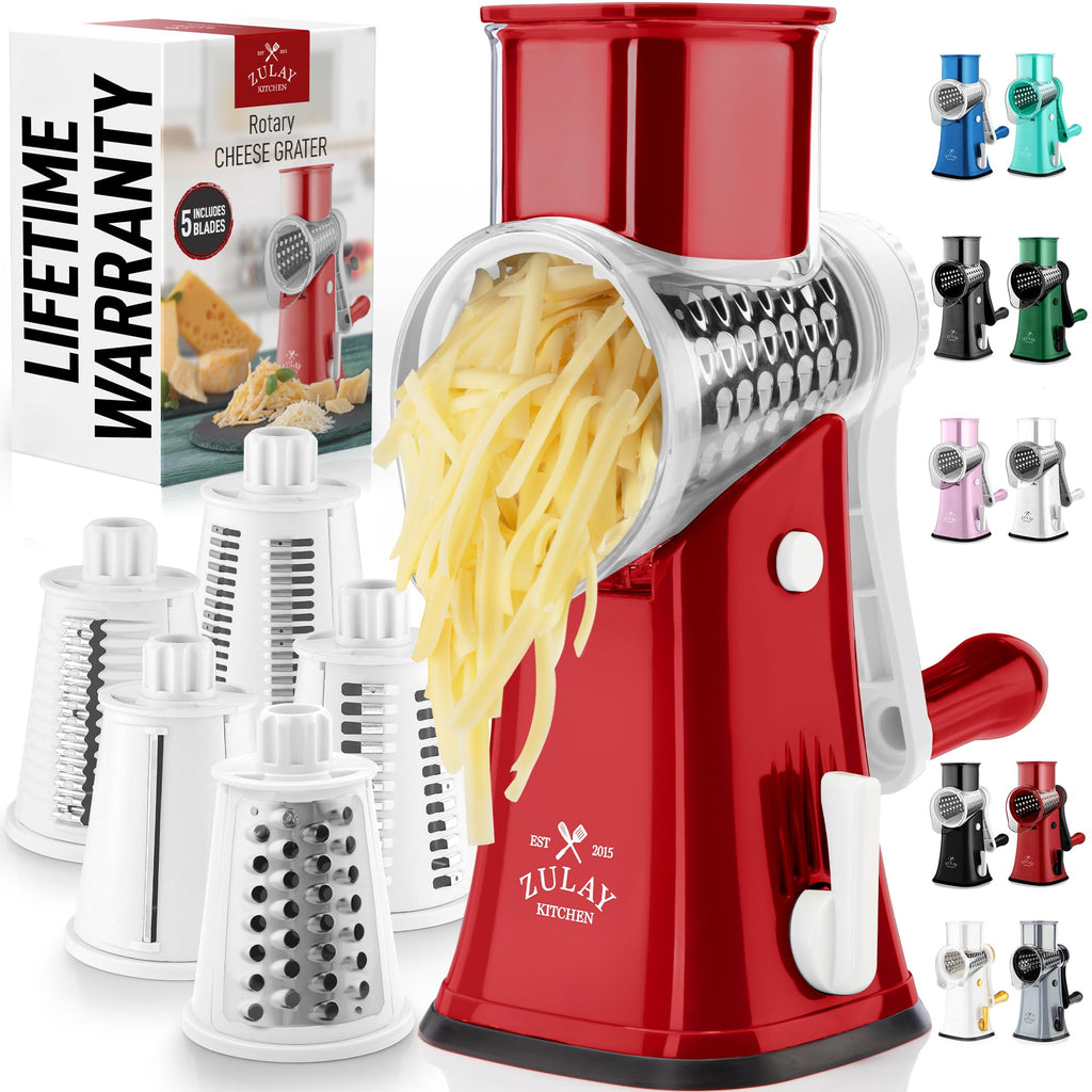 Zulay Kitchen Rotary Cheese Grater 5 Blade Cheese Shredder - Manual Hand Crank Cheese Grater With Reinforced Suction & 5 Interchangeable Drums - Easy to Use, Vegetable Chopper Round Mandoline Slicer