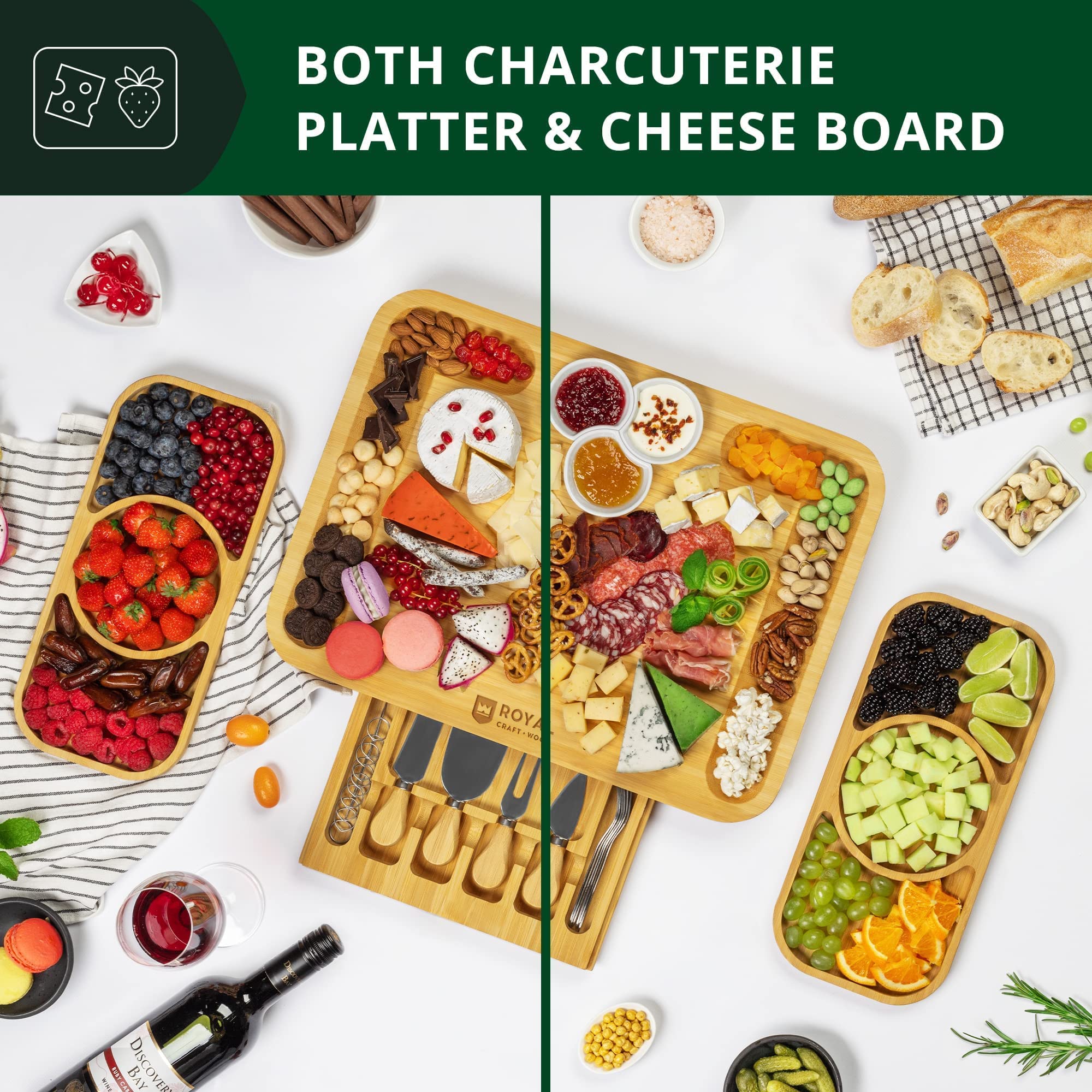 ROYAL CRAFT WOOD Premium Bamboo Charcuterie Board Set - Cheese Platter & Serving Tray & Serving Utensils - Perfect Housewarming Gift, Wedding, Bridal Shower Gift - Ideal for Entertaining and New Home