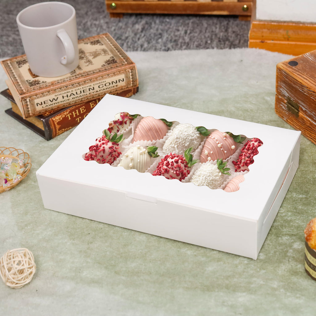 5 Pack Cookie Boxes 12x8x2.5inch Bakery Boxes with Window Treat Boxes for Cookie Packaging Gift Giving Dessert Boxes for Chocolate Covered Strawberries, Donuts, Cocoa Bombs (White)