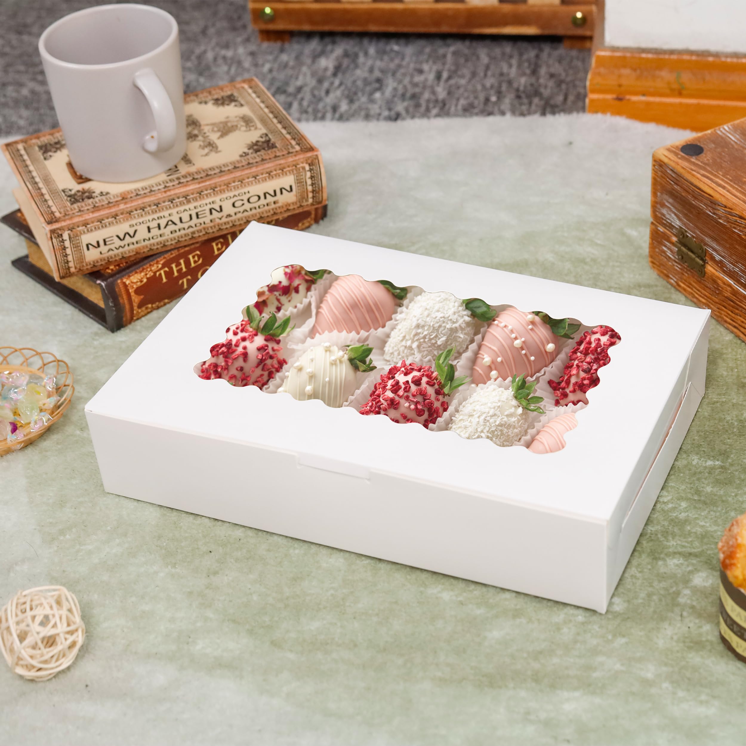 5 Pack Cookie Boxes 12x8x2.5inch Bakery Boxes with Window Treat Boxes for Cookie Packaging Gift Giving Dessert Boxes for Chocolate Covered Strawberries, Donuts, Cocoa Bombs (White)