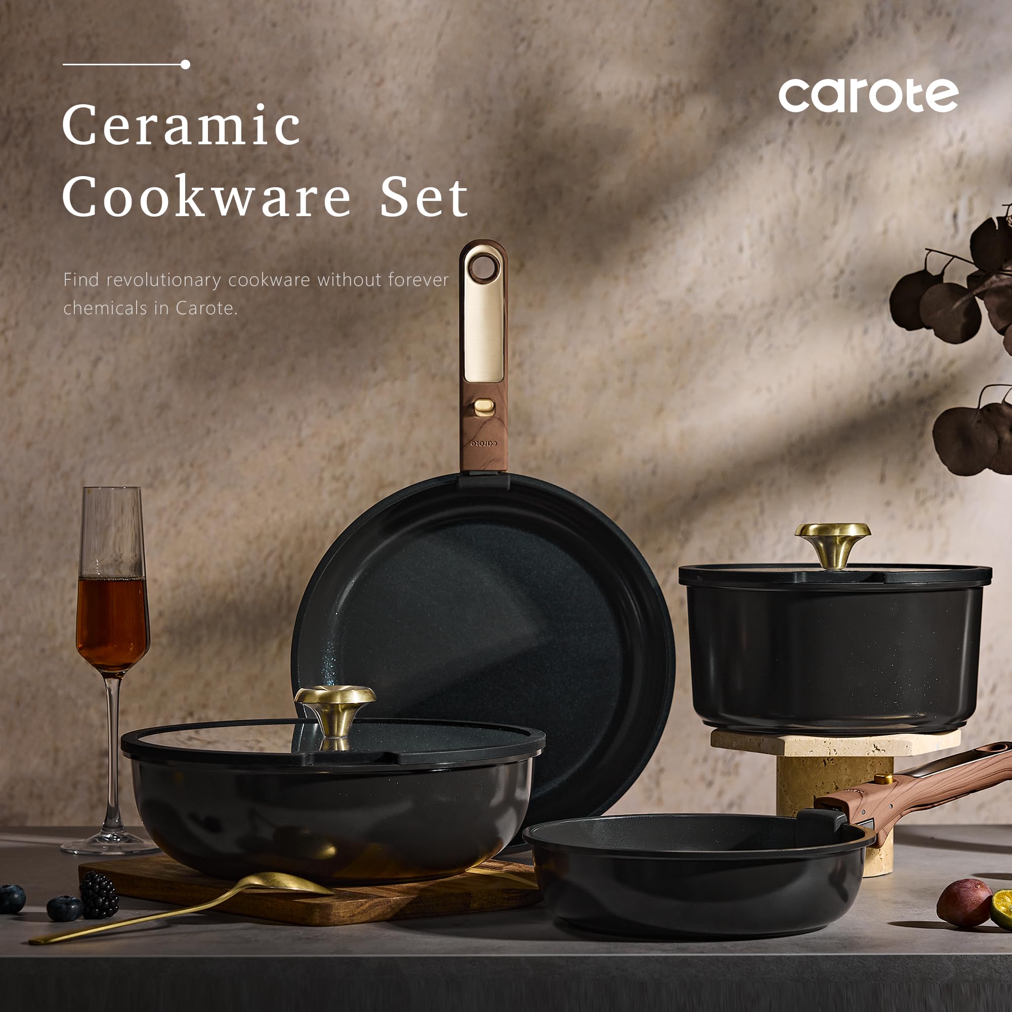 CAROTE Blue&Gold Ceramic Cookware Set Non Toxic, PFAS Free,15Pcs Pots and Pans Set Non Stick Detachable/Removable Handle,Kitchen Cooking Set Dishwasher Safe, Nonstick Pot and Pan, Induction Cookware