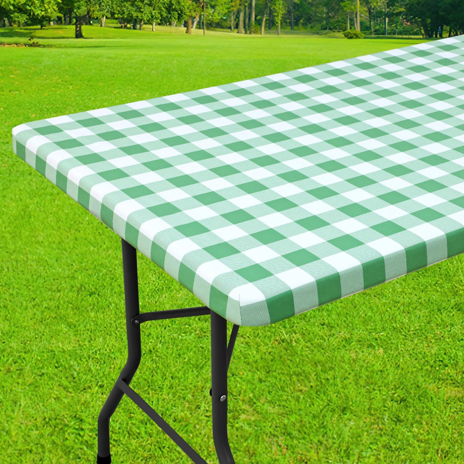 Smiry Rectangle Picnic Table Cloth, Elastic Waterproof Fitted Vinyl Tablecloths, Flannel Backed Buffalo Plaid Table Covers for Dining, Camping, Outdoor (Black and White, 30" x 72")