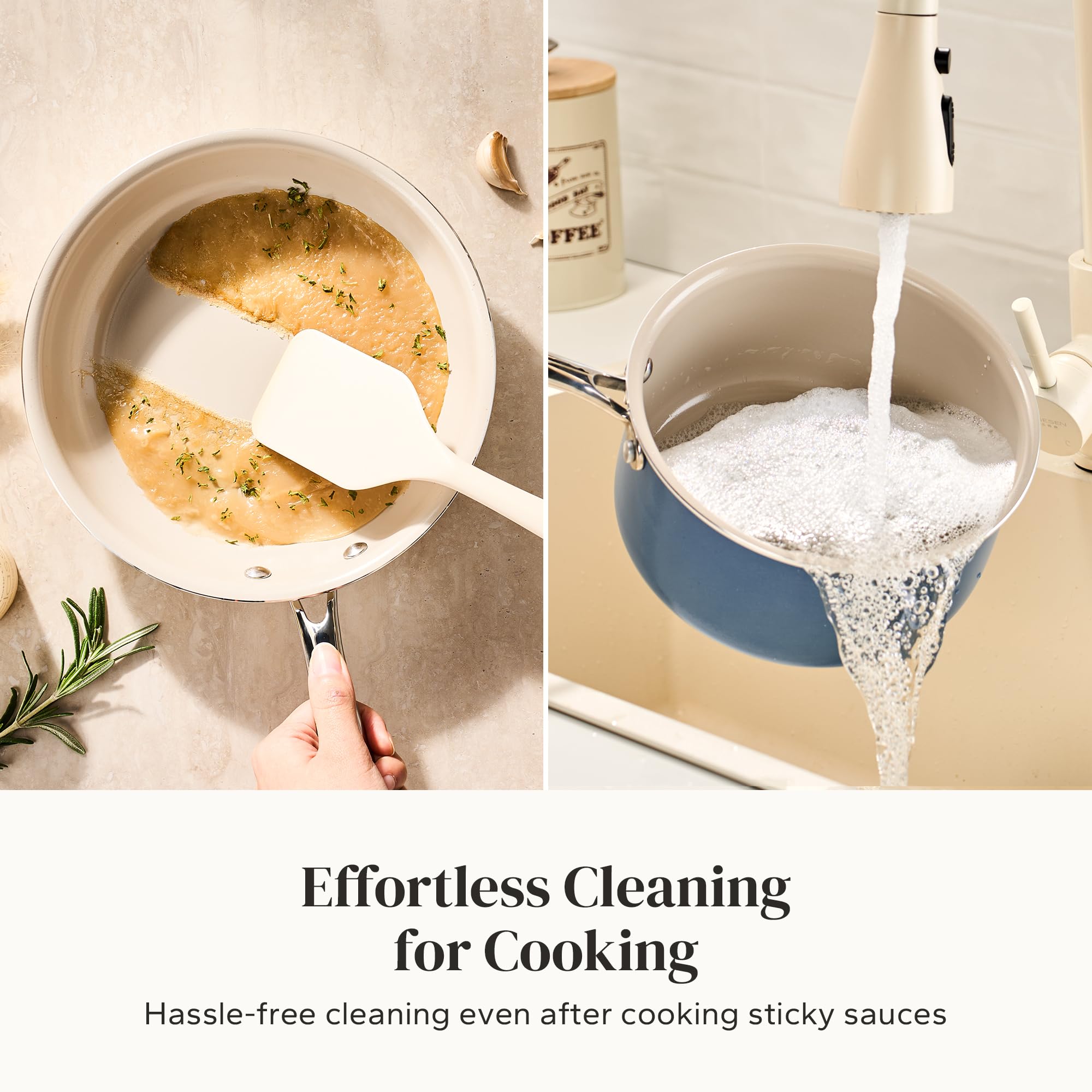 Redchef Sauce Pan & Frying Pan Set, 8" Ceramic Nonstick Fryingpan & 2.5Qt Saucepan with Lid, Mini Cookware Set, Induction Compatible, Nontoxic PTFE PFOA Free, Oven & Dishwasher Safe, Beige
