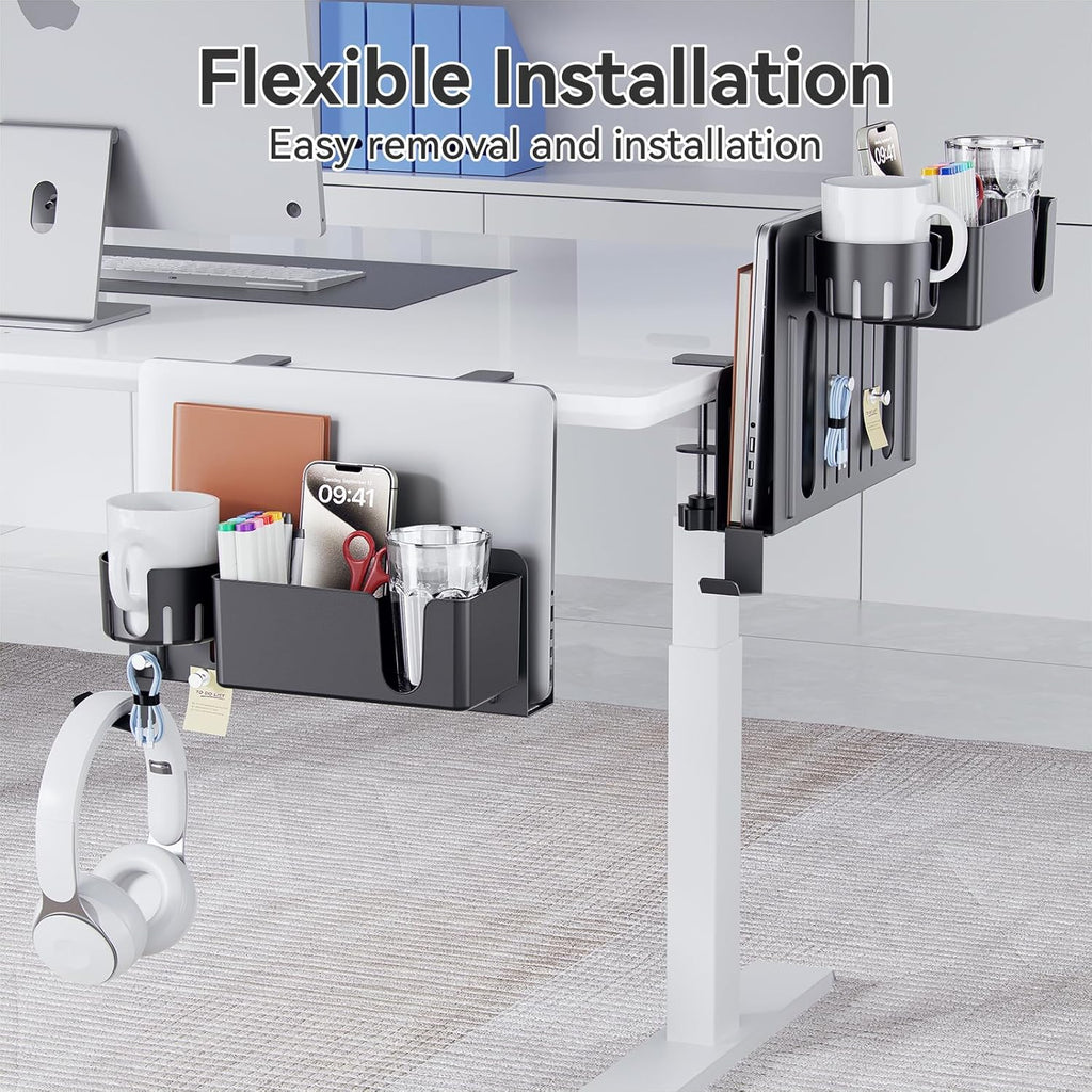 KDD 7 in 1 Desk Side Organizer Set, Under Desk Laptop Holder Storage, No Drill Laptop Stand Mount with 2 Cup Holder, Pen Holder, Headphone Hanger and 2 Pin Magnet, Detachable Hanging Stand