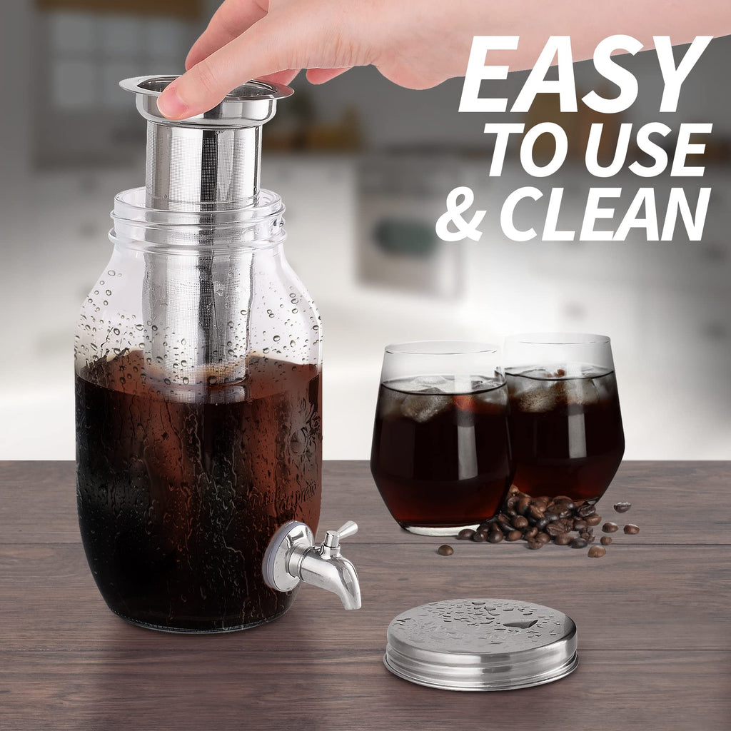 Zulay 1 Gallon/128oz Cold Brew Coffee Maker – Thick Glass Pitcher with Stainless Steel Filter, Lid & Spout – Large Mason Jar Container Dispenser - Iced Coffee & Sun Tea Brewer for Fridge – Silver