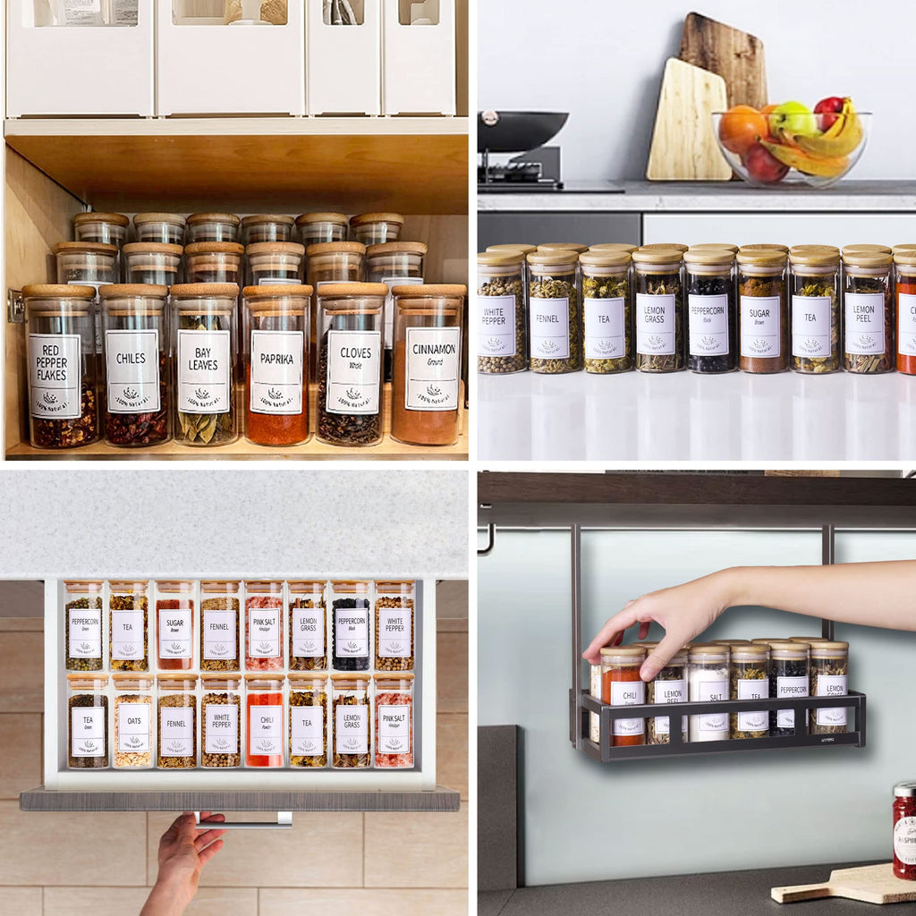 Churboro 24 Glass Spice Jars with Bamboo Airtight Lids, 400 Spice Labels, Funnel and Chalk Marker Set Spice Containers, 4 OZ Glass Storage Jars.