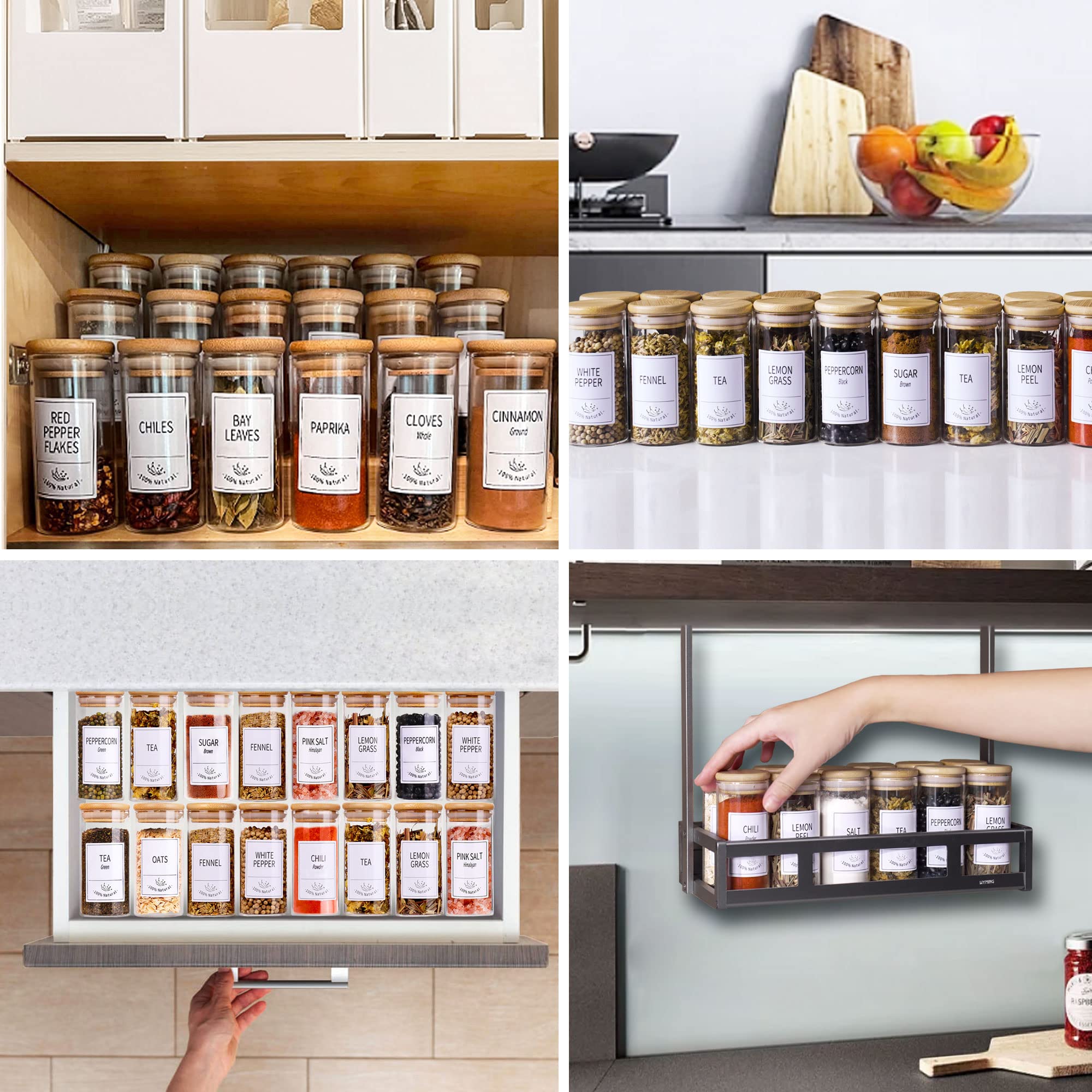 Churboro 24 Glass Spice Jars with Bamboo Airtight Lids, 400 Spice Labels, Funnel and Chalk Marker Set Spice Containers, 4 OZ Glass Storage Jars.