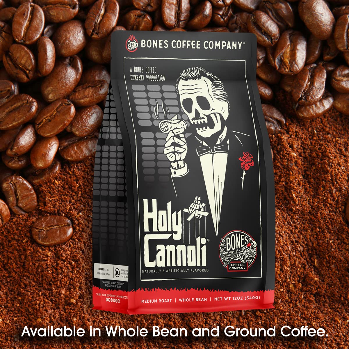 Bones Coffee Company Cinnamon Roll Flavored Coffee, Medium Roast Low Acid Arabica Beans Compatible with Auto drip and French Press Coffee Maker, 12 Oz Ground