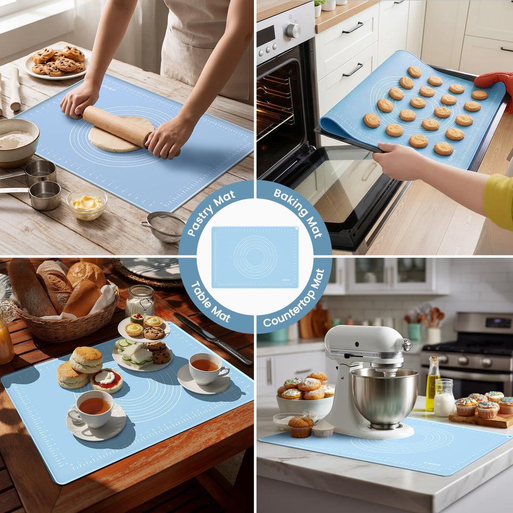 Silicone Baking Mat 28x20 Inches | Extra Thick Dough Rolling Mat with Measurements and Edge Heightening | Non-Stick Food Grade Pastry Mat for Pastry, Bread, Cookies, Pizza, Fondant & Pasta