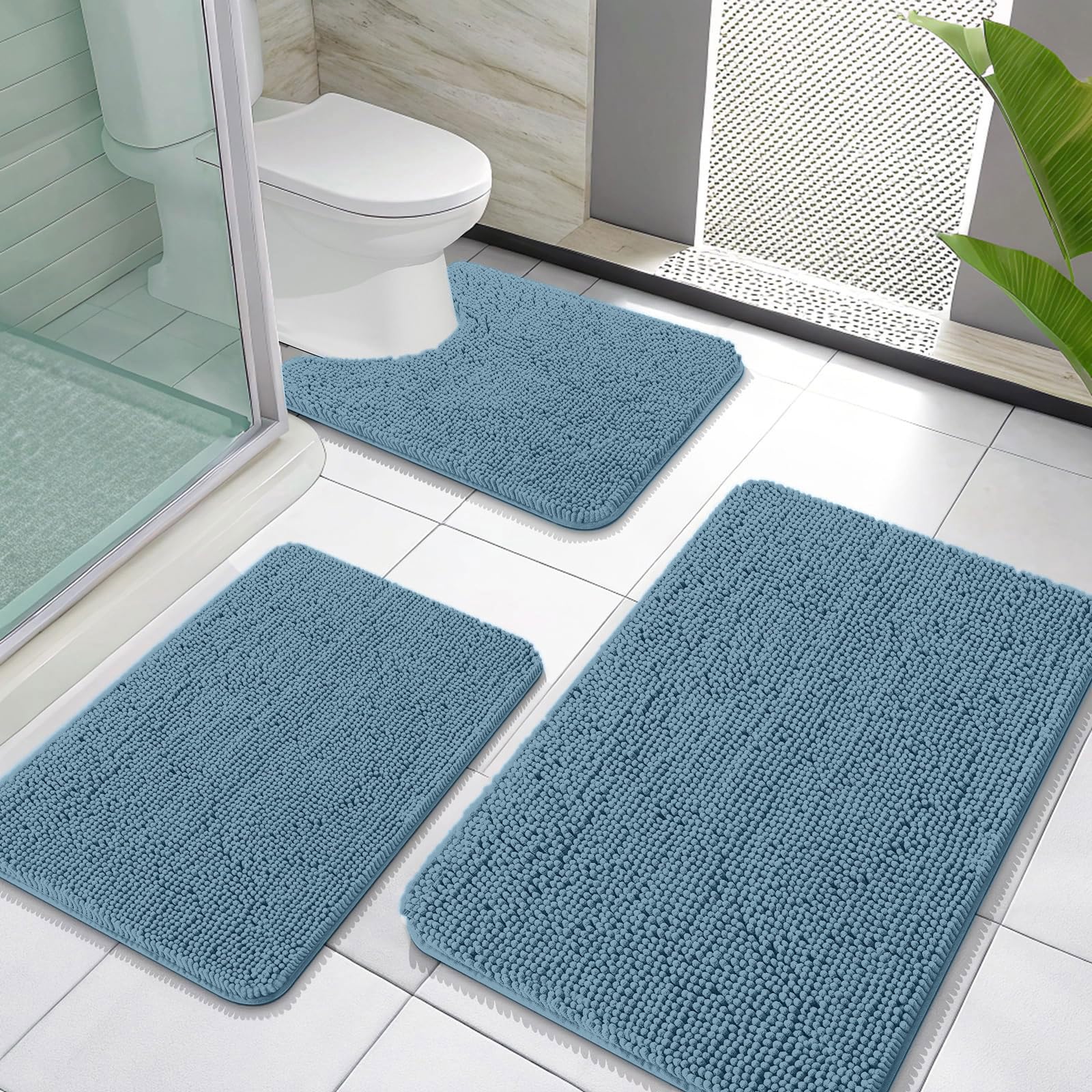 OLANLY Bathroom Rugs Sets 3 Piece, Soft Absorbent Chenille Bath Mats and U-Shaped Contour Toilet Rug, Quick Dry, Home Decor Accessories, Bath Mat Set for Bathroom (30"x20"+24"x16"+24"x20", Grey)