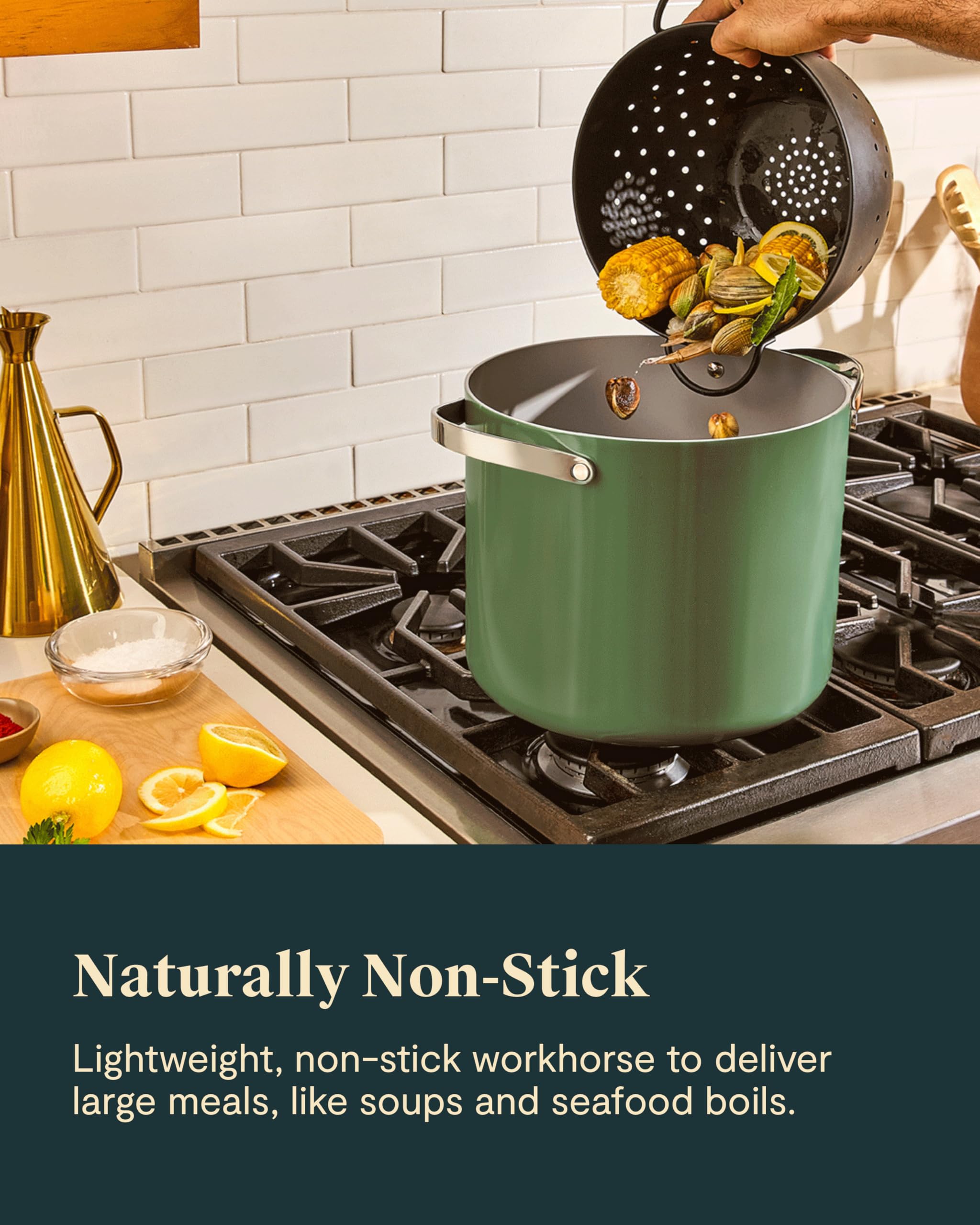 Caraway Stock Pot - 12 Qt Ceramic Coated With Lid - Free From Forever Chemicals - Large for Bigger Batches - Cream