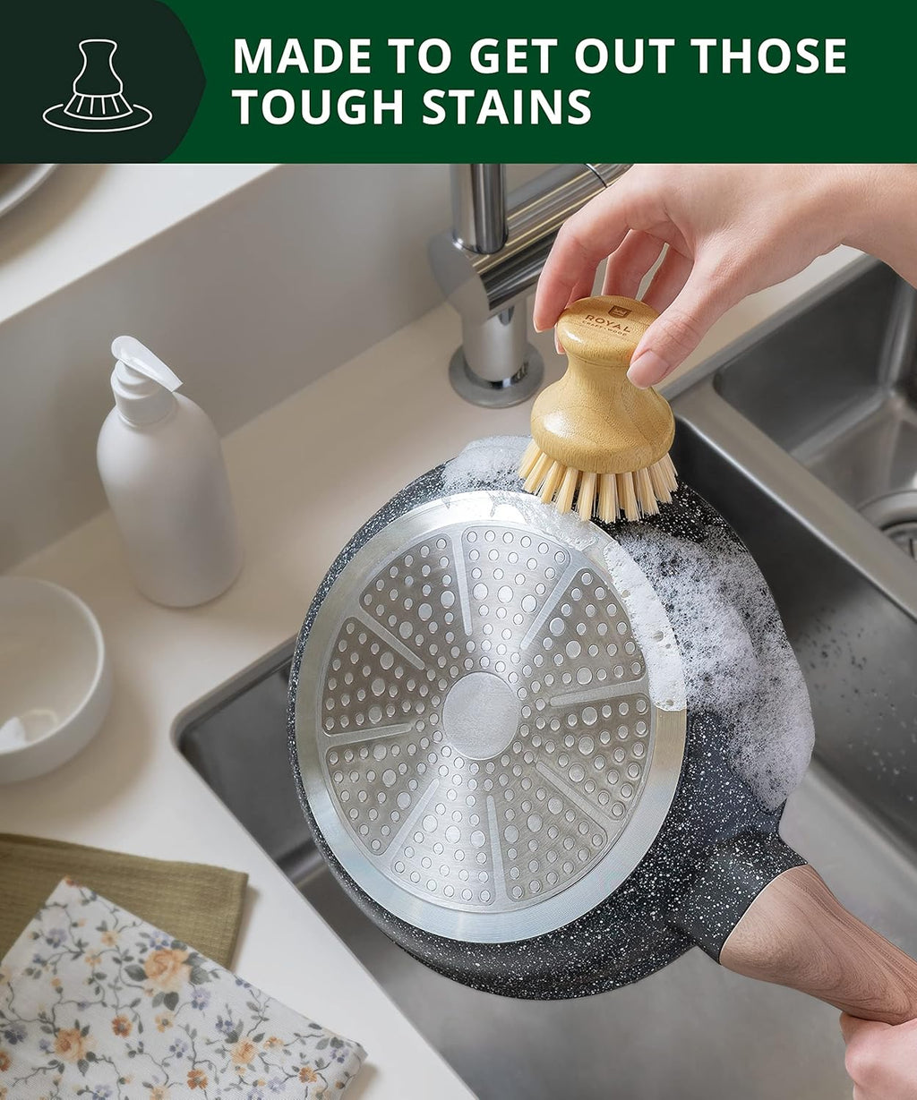 ROYAL CRAFT WOOD Bamboo Dish Scrub Brush w/Handle - Wooden Washing Dish Brush Scrubber for Kitchen - Filrm Bristles Brush with Handle for Sink, Dishes & Vegetables