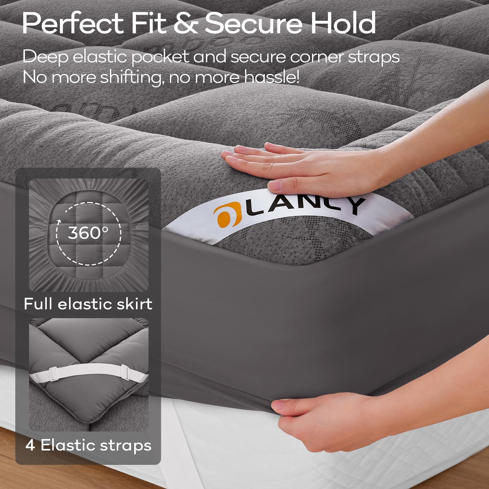 OLANLY Queen Mattress Topper – Viscose Made from Bamboo, Cooling Soft Queen Pillow Top Mattress Pad for Back Pain Relief, Plush Down Alternative Fill Bed Topper with Elastic Deep Pocket, Dark Gray