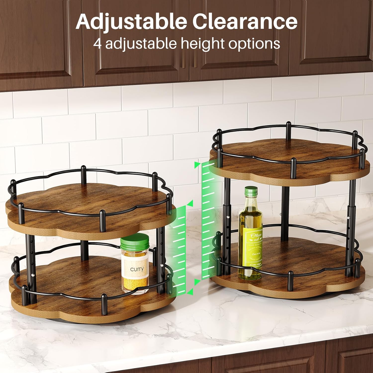 Spice Rack Lazy Susan Organizer for Cabinet, Rotating Spice Organization 2 Tier Adjustable Lazy Susan Turntable Spice Cabinet Organizer for Kitchen Countertop & Pantry, Wood 10 Inch Seasoning Storage