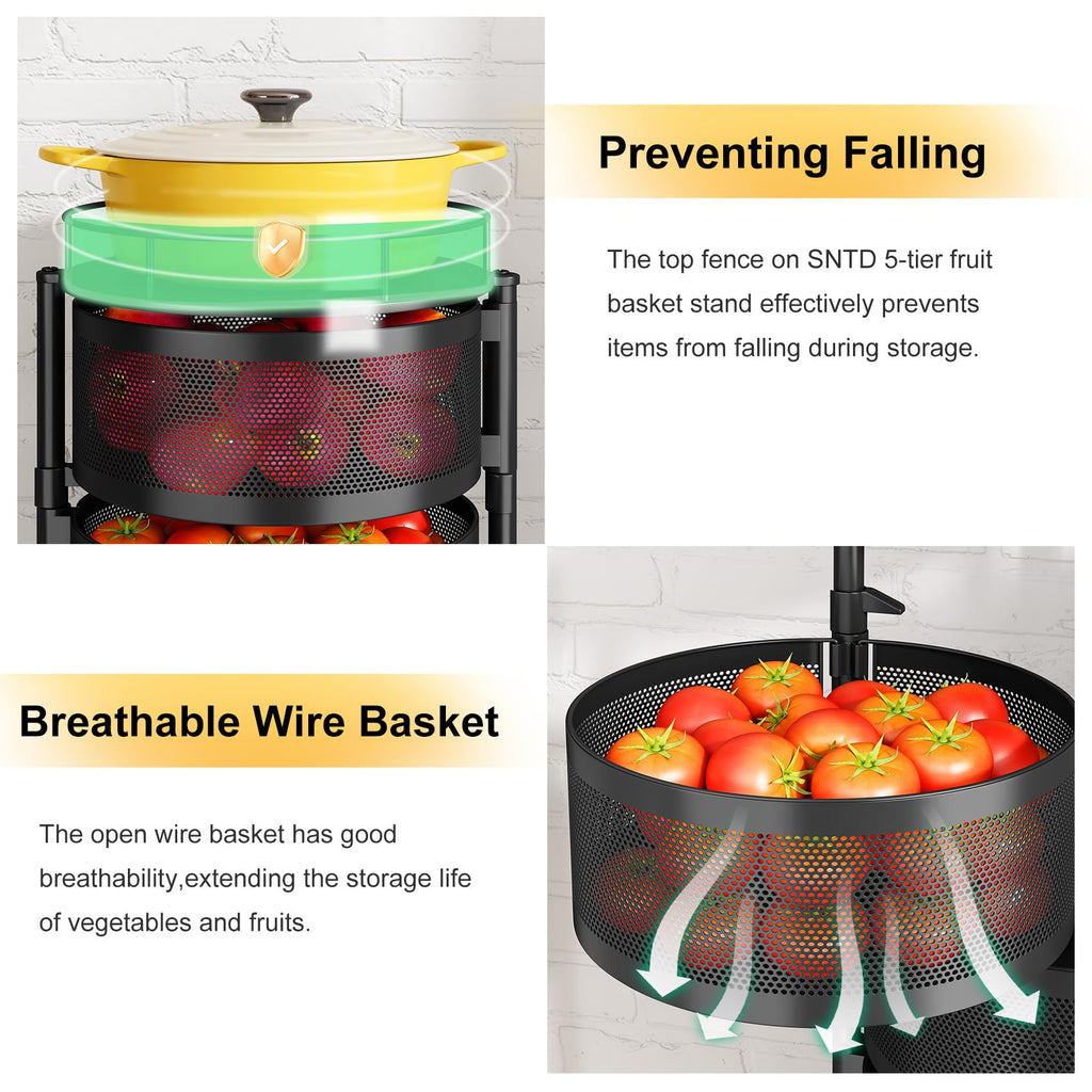 SNTD Fruit and Vegetable Basket Bowls for Kitchen with Metal Top Lid, 5 Tier Rotating Storage Rack Cart for Potato Onion Bread Banana, Wire Basket Organizer on Wheels, Large, Black