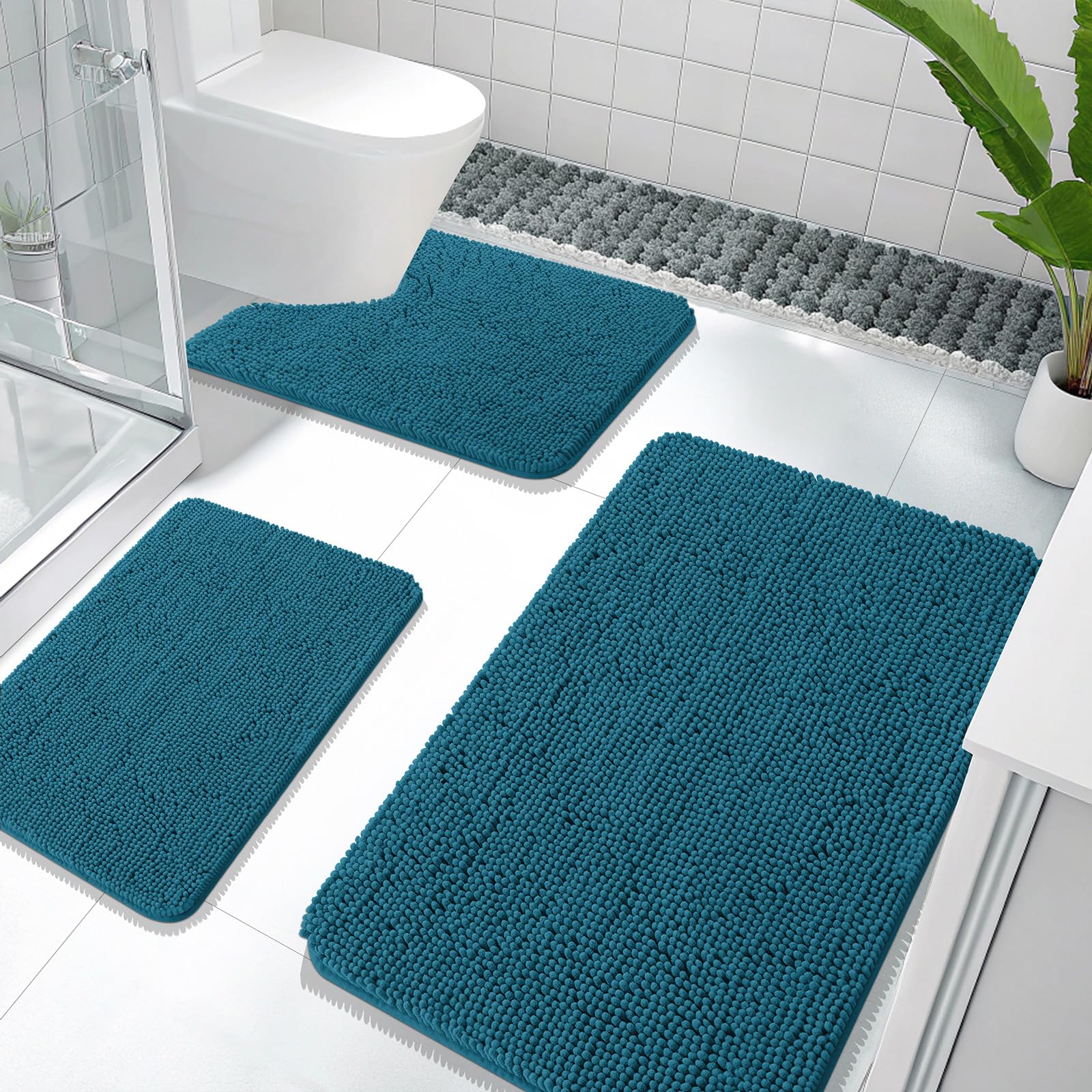 OLANLY Bathroom Rugs Sets 3 Piece, Soft Absorbent Chenille Bath Mats and U-Shaped Contour Toilet Rug, Quick Dry, Home Decor Accessories, Bath Mat Set for Bathroom (30"x20"+24"x16"+24"x20", Grey)