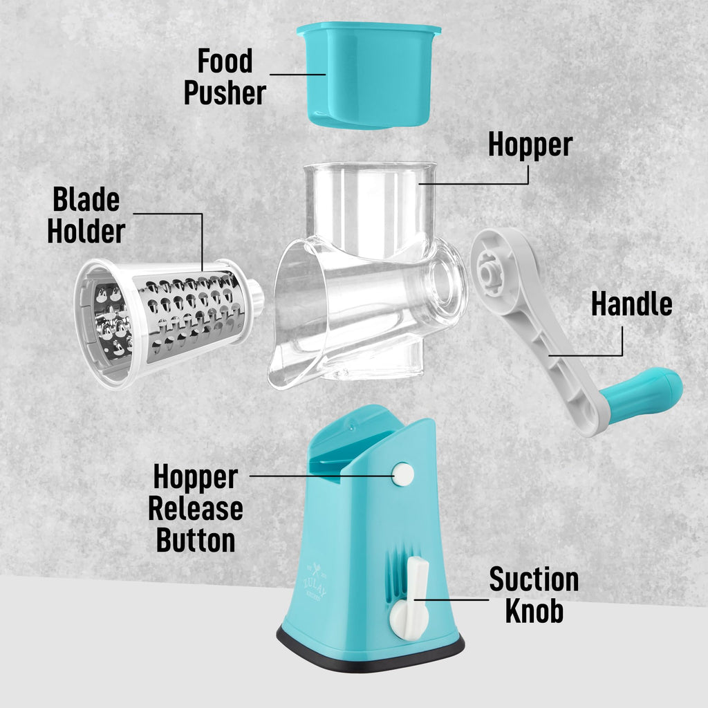 Zulay Kitchen Rotary Cheese Grater 5 Blade Cheese Shredder - Manual Hand Crank Cheese Grater With Reinforced Suction & 5 Interchangeable Drums - Easy to Use, Vegetable Chopper Round Mandoline Slicer