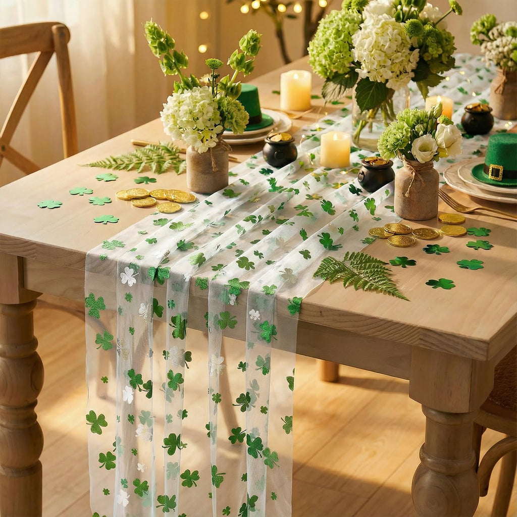 Artoid Mode Gauze Green Shamrocks St.Patrick's Day Table Runner 120 Inch 10FT,Seasonal Sheer Dining Holiday Baby Shower Table Decor for Home Party