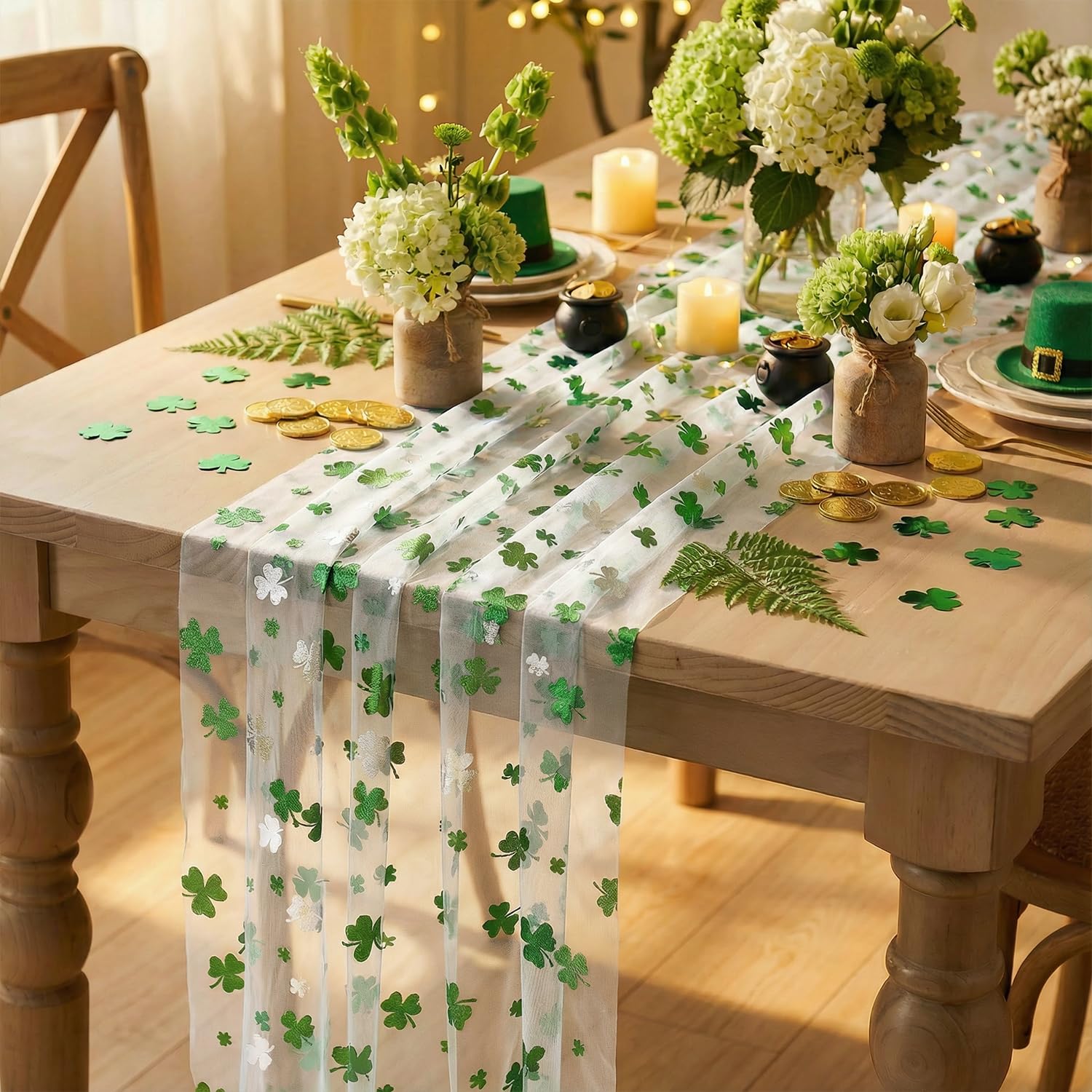 Artoid Mode Gauze Green Shamrocks St.Patrick's Day Table Runner 120 Inch 10FT,Seasonal Sheer Dining Holiday Baby Shower Table Decor for Home Party