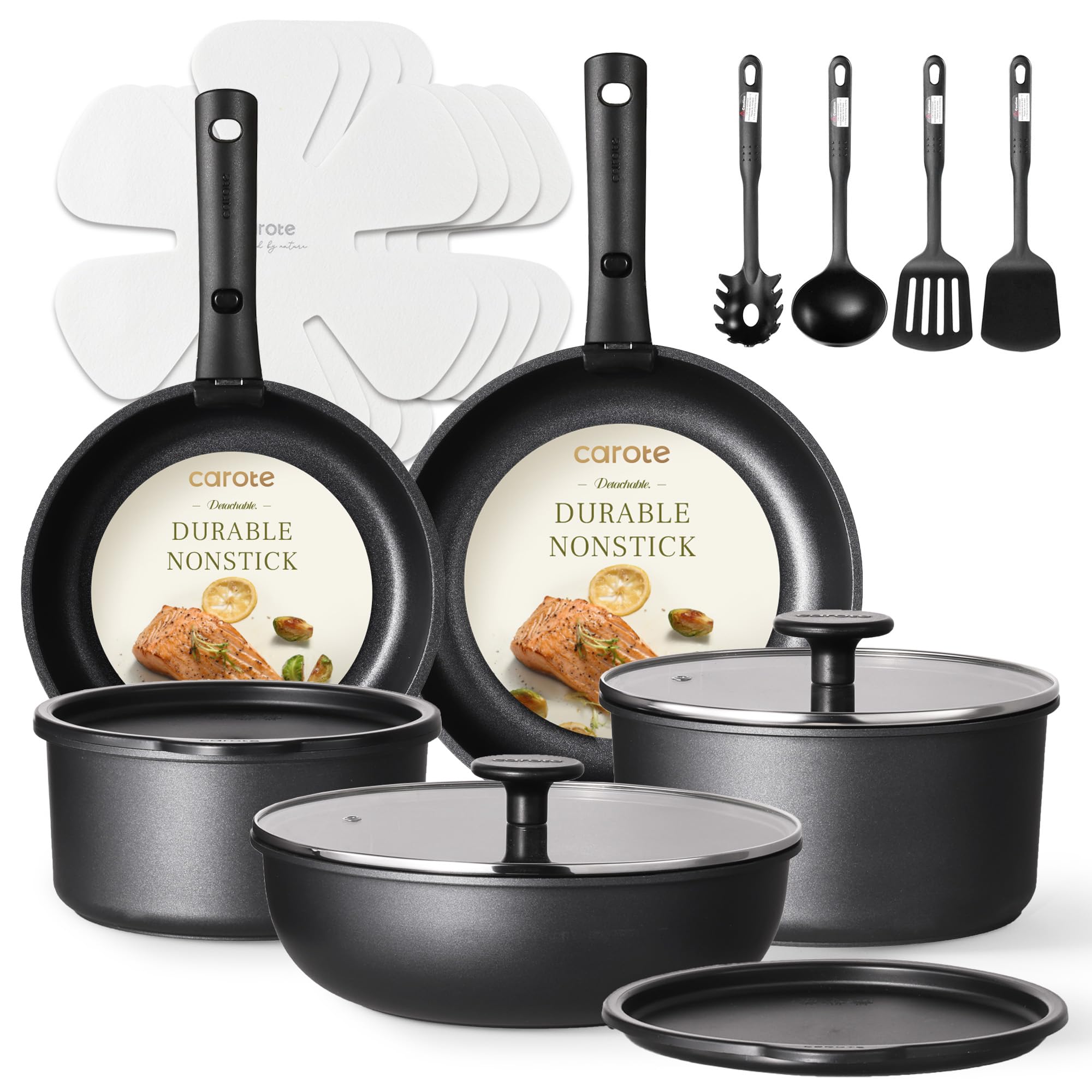 CAROTE 17pcs Pots and Pans Set, Nonstick Cookware Set Detachable Handle, Induction Kitchen Cookware Sets Non Stick with Removable Handle, RV Cookware Set, Oven Safe