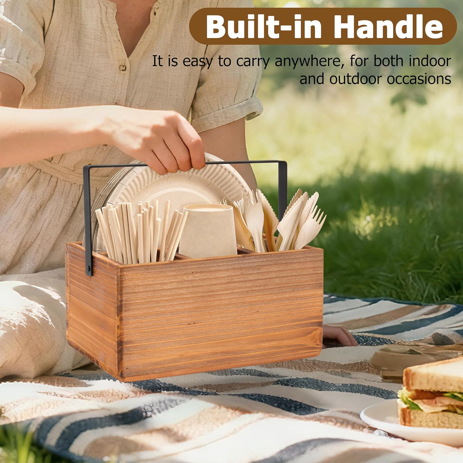 RedCall Silverware Caddy with Handle,Wood Utensil Holder for Party,Countertop Cutlery Flatware Organizer for Plate, Cup, Fork, Spoon