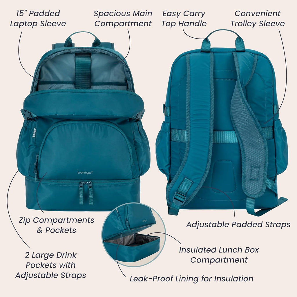 Bentgo 2-in-1 Adult Backpack & Insulated Lunch Bag – Lightweight, Water-Resistant Travel Backpack with 9 Compartments, Laptop Sleeve & Trolley Sleeve for Work & Everyday Use (Deep Teal)