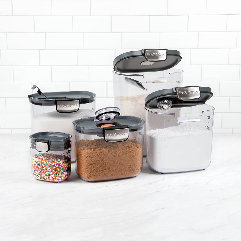 ProKeeper+ Airtight Food Storage Container Set – Clear Plastic Flour and Sugar Canister Set with Magnetic Accessories for Kitchen Organization (Grey, 9-Piece)