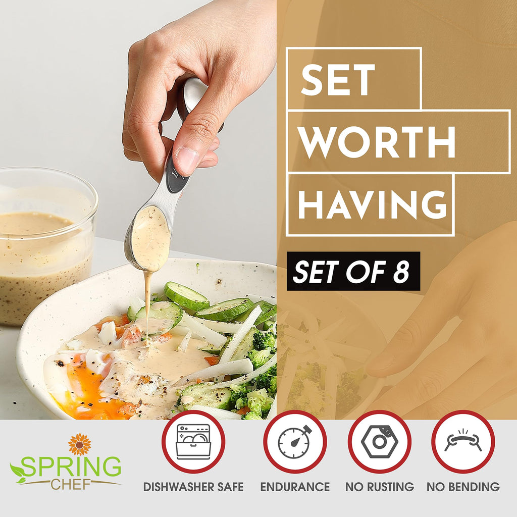 Spring Chef Stainless Steel Magnetic Measuring Spoons Set with Strong N45 Magnets, Heavy Duty Metal Kitchen Gadgets for Baking & Cooking, Fits in Most Kitchen Spice Jars, Set of 8 with Leveler, Black
