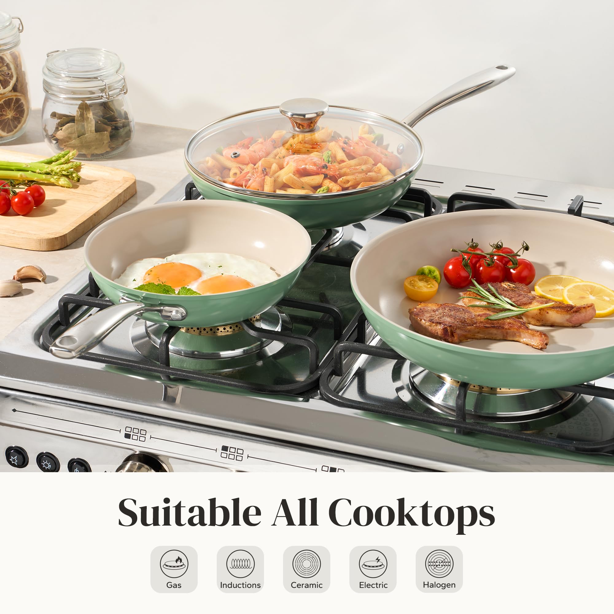 Redchef Nonstick Cookware Sets, Ceramic Frying Pan Set with Tempered Glass Lids, Non Stick Cooking Set, Dishwasher & Oven Safe, Induction Safe, Compatible with All Cooktops, Blue (8", 9.5", 11")