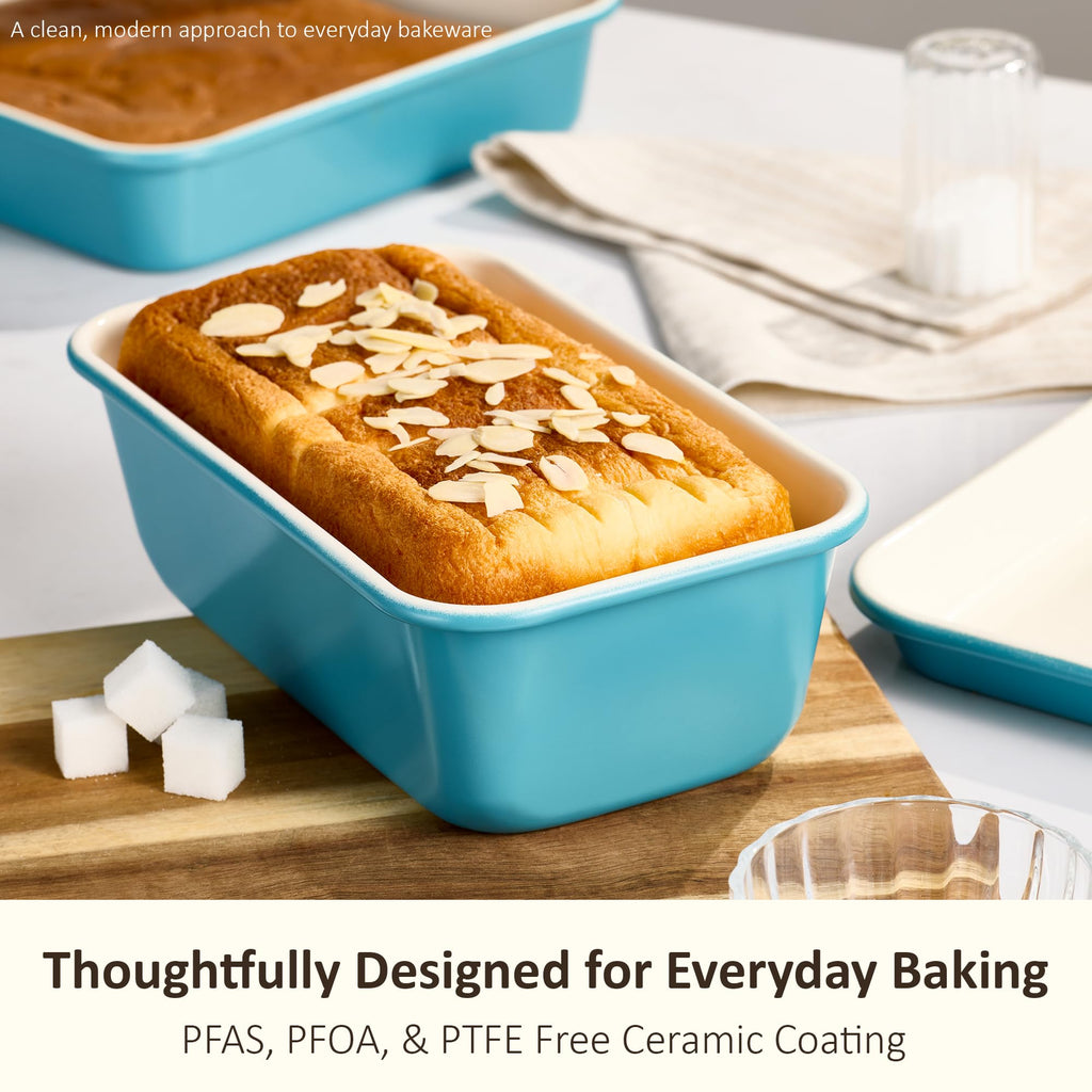 CAROTE 6-Piece Nonstick Ceramic Baking Pans Set - Bakeware Sets Including Cookie Sheets for Baking, Muffin Pan, Bread Pan, Cake pan, Loaf Pan, Cooling Rack, Light Blue & Cream White