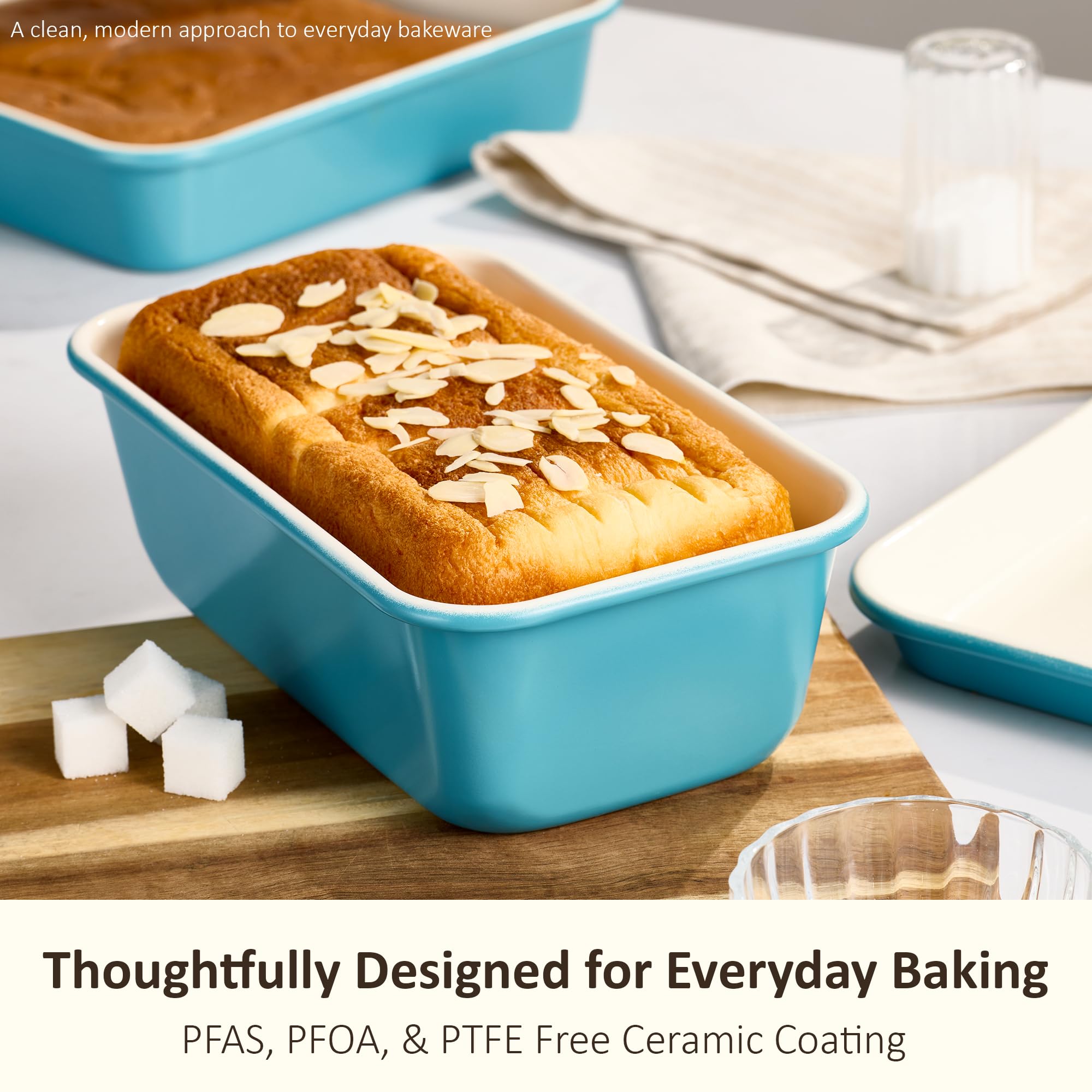 CAROTE 6-Piece Nonstick Ceramic Baking Pans Set - Bakeware Sets Including Cookie Sheets for Baking, Muffin Pan, Bread Pan, Cake pan, Loaf Pan, Cooling Rack, Light Blue & Cream White