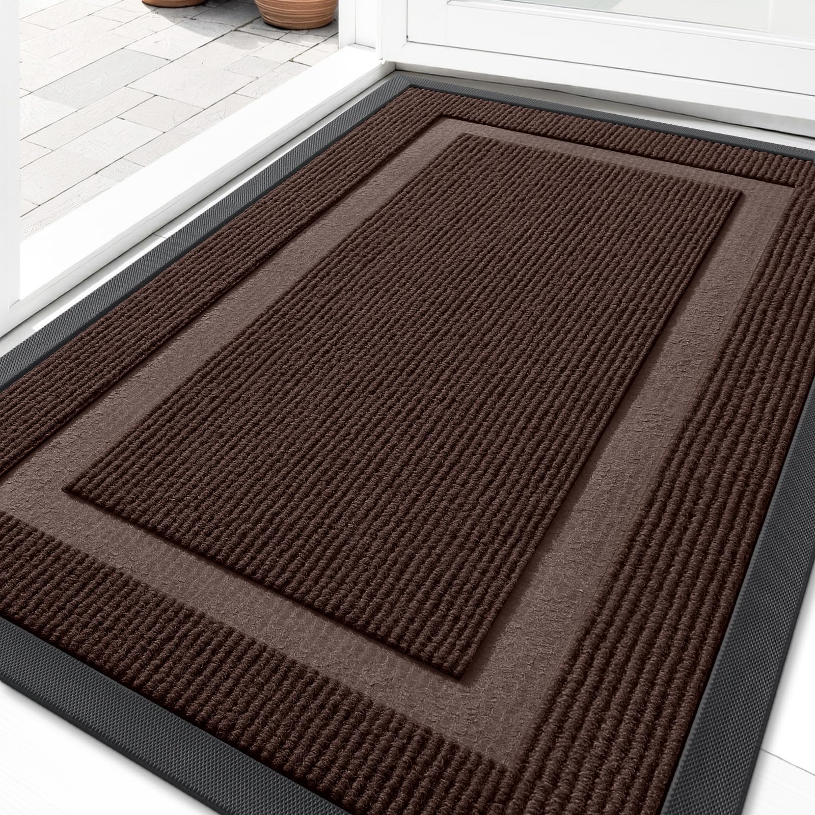 OLANLY Front Door Mat Indoor Outdoor Entrance, Waterproof All-Season, All-Weather Doormat, Sturdy Natural Rubber, Fade Resistant, Low Profile, Easy Clean Patio Porch Entryway Mat, 29.5x17, Black