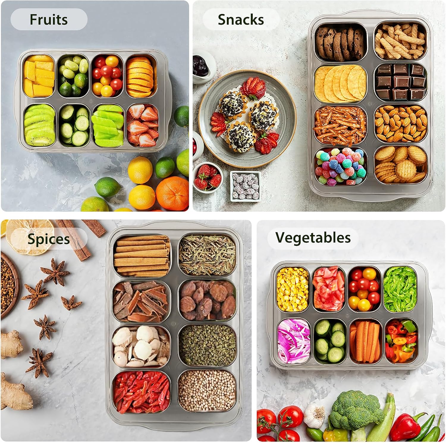 Snackle Box Container, Stainless Steel Divided Serving Tray with Lid and Handle, 8 Compartment Portable Snack Platters - Clear Storage Organizer for Fruit Candy Nuts Veggie - Perfect for Travel Party