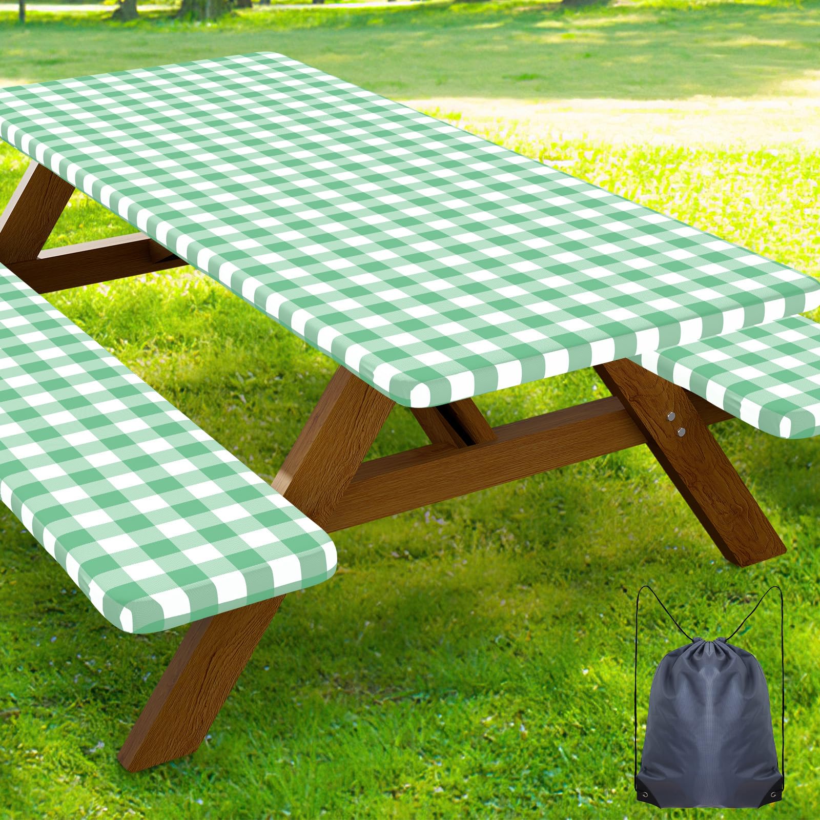 Smiry Picnic Table Cover with Bench Covers, Waterproof Elastic Fitted Tablecloths for 6 Foot Rectangle Tables, Washable Buffalo Plaid Tablecloth for Camping, Outdoor (Black & White, 30"x72")