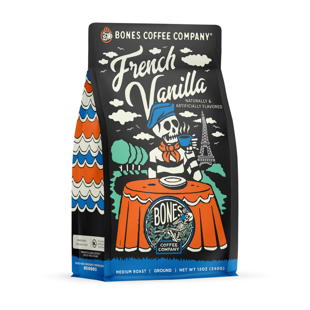 Bones Coffee Company Highland Grog, Butterscotch Caramel Flavored Coffee, Medium Roast Low Acid Arabica Beans Compatible with Auto drip and French Press Coffee Maker, 12 Oz Ground