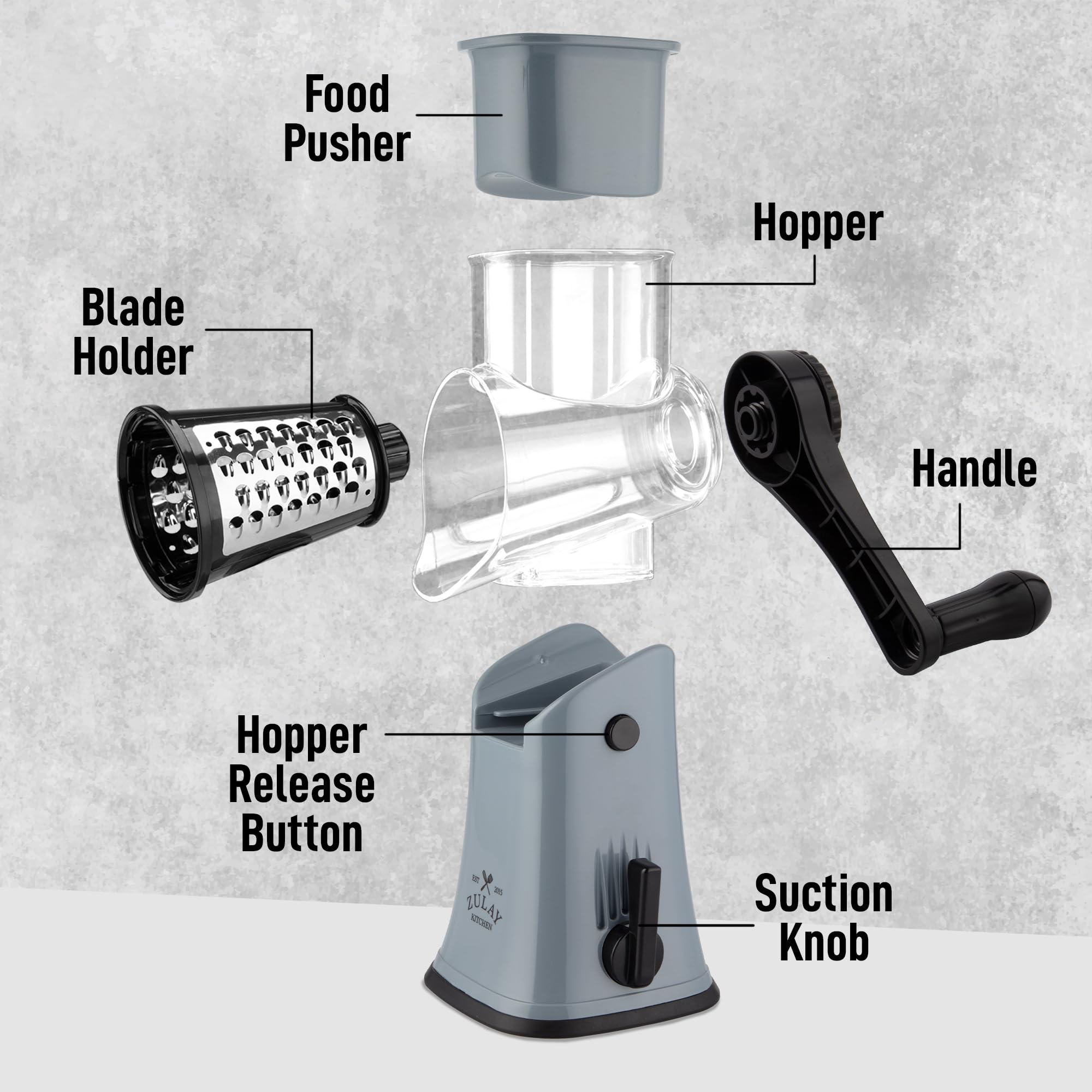 Zulay Kitchen Rotary Cheese Grater 5 Blade Cheese Shredder - Manual Hand Crank Cheese Grater With Reinforced Suction & 5 Interchangeable Drums - Easy to Use, Vegetable Chopper Round Mandoline Slicer