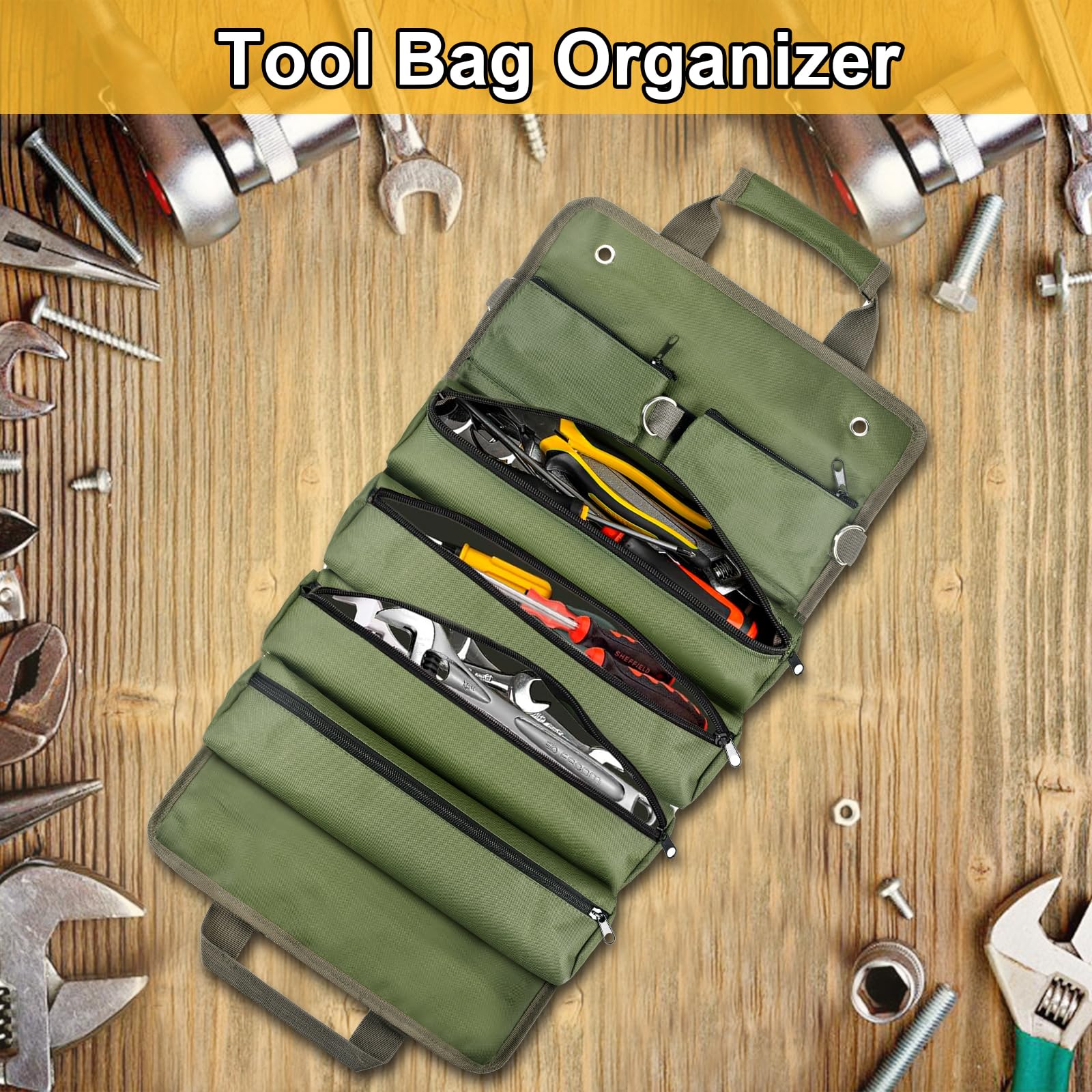 Tool Bag Organizer Roll Up: Gifts for Men Fathers Day Dad Gifts for Him Boyfriend Husband Birthday Portable Motorcycle Tool Box Woodworking Gift for Mechanic Craftsman Electrician Rollup Toolbag