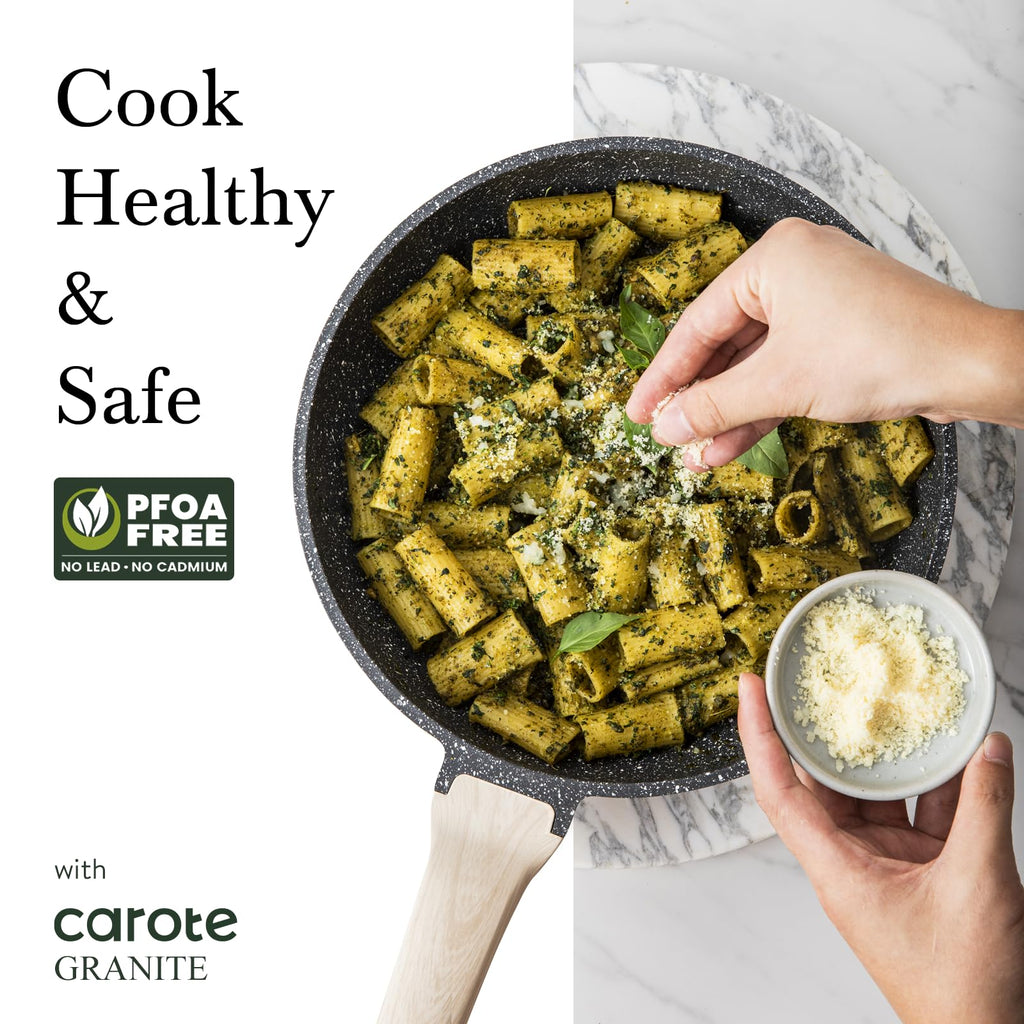 CAROTE 12Inch Nonstick Deep Frying Pan with Lid, 5.5 Qt Jumbo Cooker Saute Pan with Pour Spout, Skillet Induction Cookware, Non Stick Cooking Pan Kitchen Pan PFOA Free, White Granite