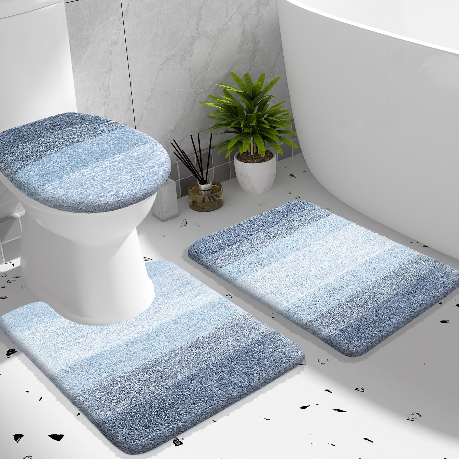 OLANLY Bathroom Rugs Sets 3 Piece, Soft Microfiber Absorbent Bath Mat, U-Shaped Contour Toilet Mat and Toilet Lid Cover, Quick Dry, Machine Washable, Toilet Cover and Rug Set for Bathroom, Grey