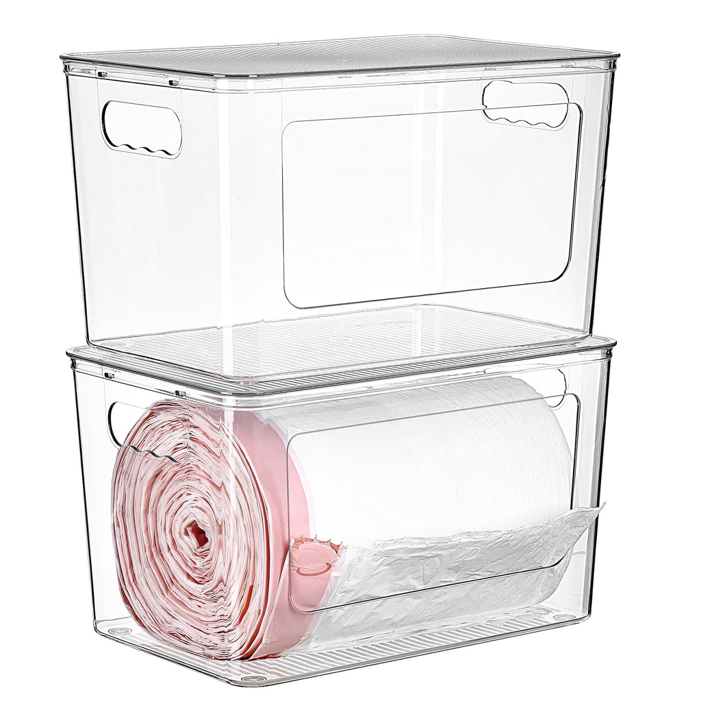 Vtopmart 2 Pack Trash Bag Holder, Stackable Garbage Bag Dispenser for 13/30/33 Gallon Bags, Clear Organizer Bins for Under Kitchen Sink, Laundry Room Organization and Storage